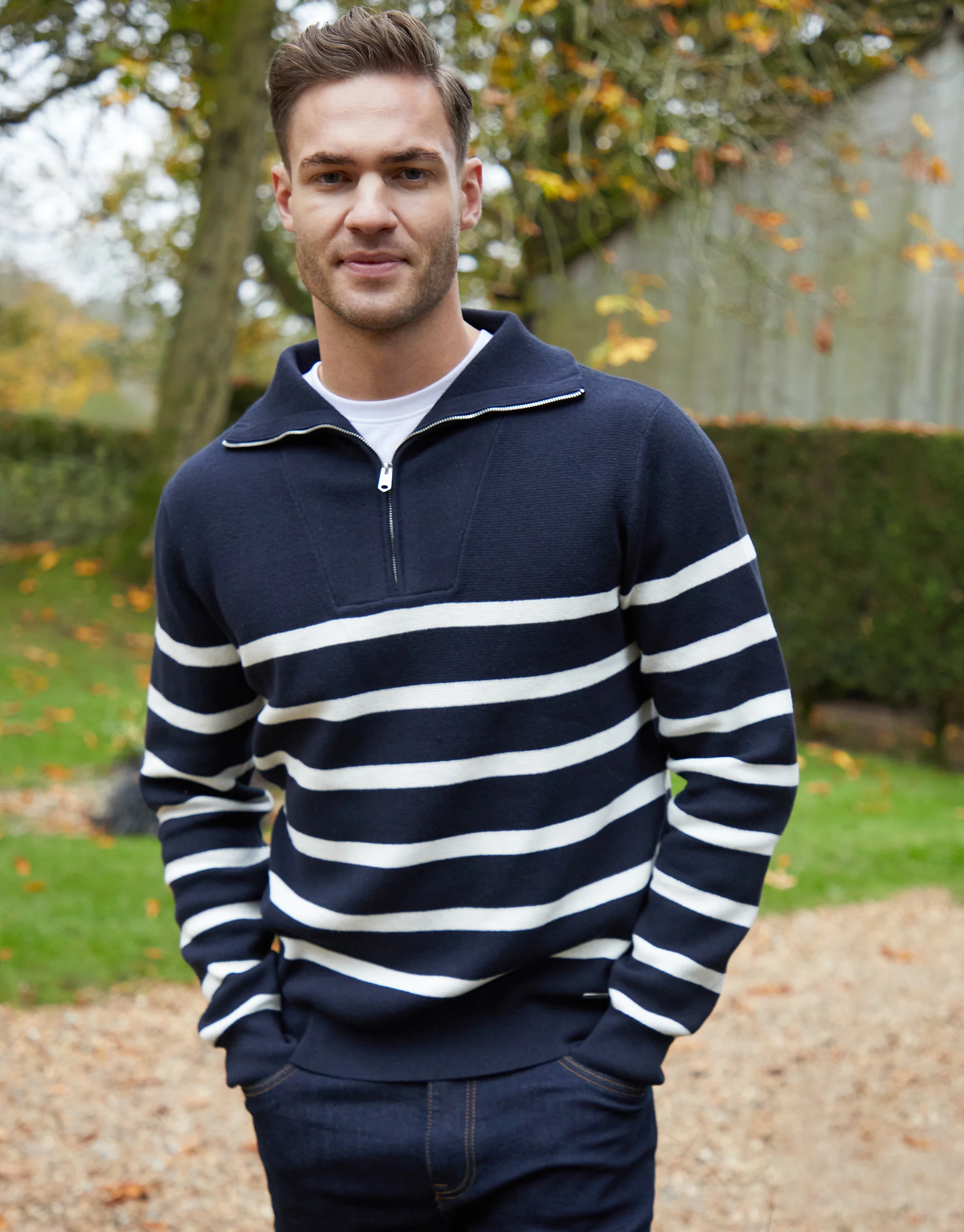 Knitted Quarter Zip Jumper in Navy Stripe