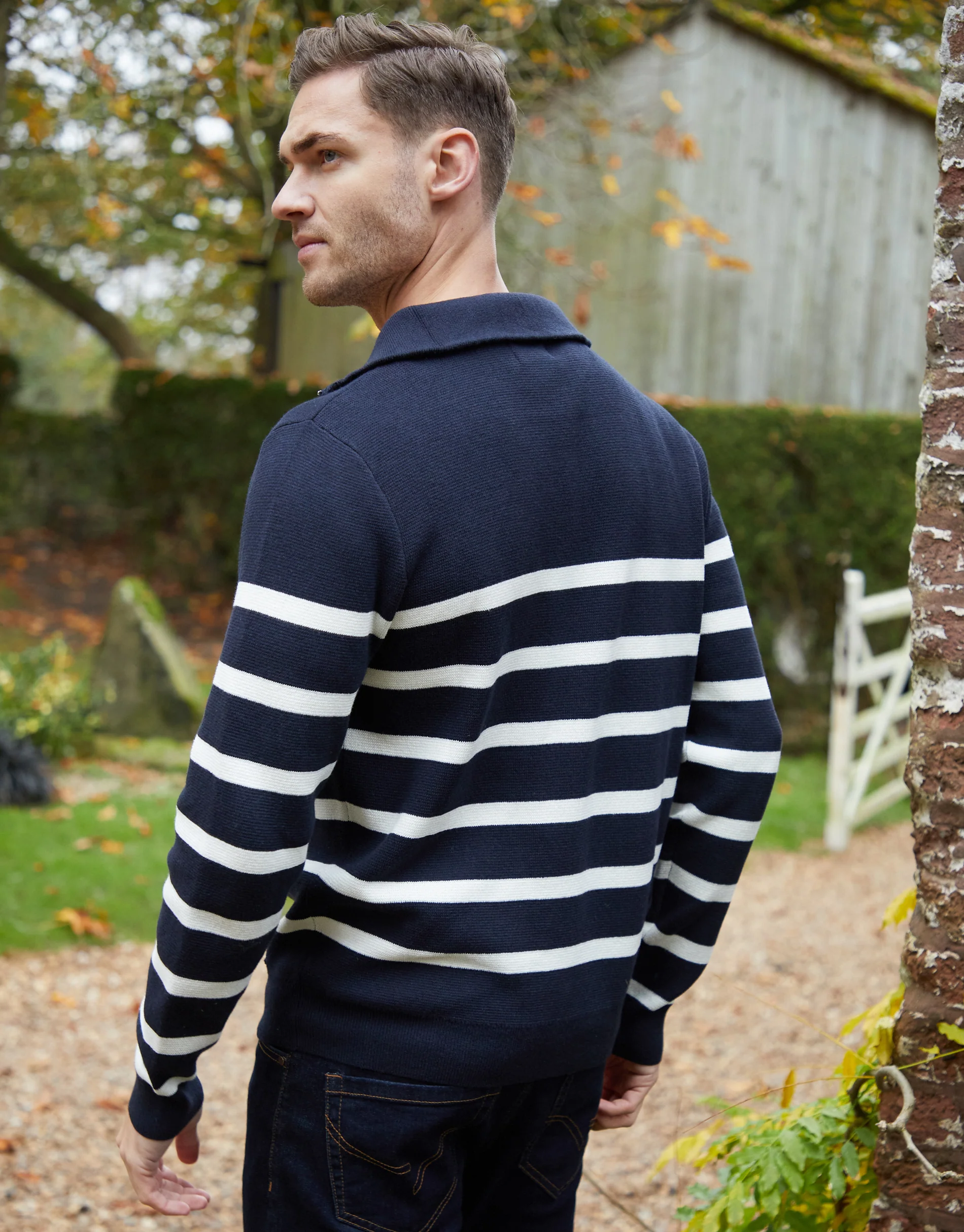 Knitted Quarter Zip Jumper in Navy Stripe - Image 2