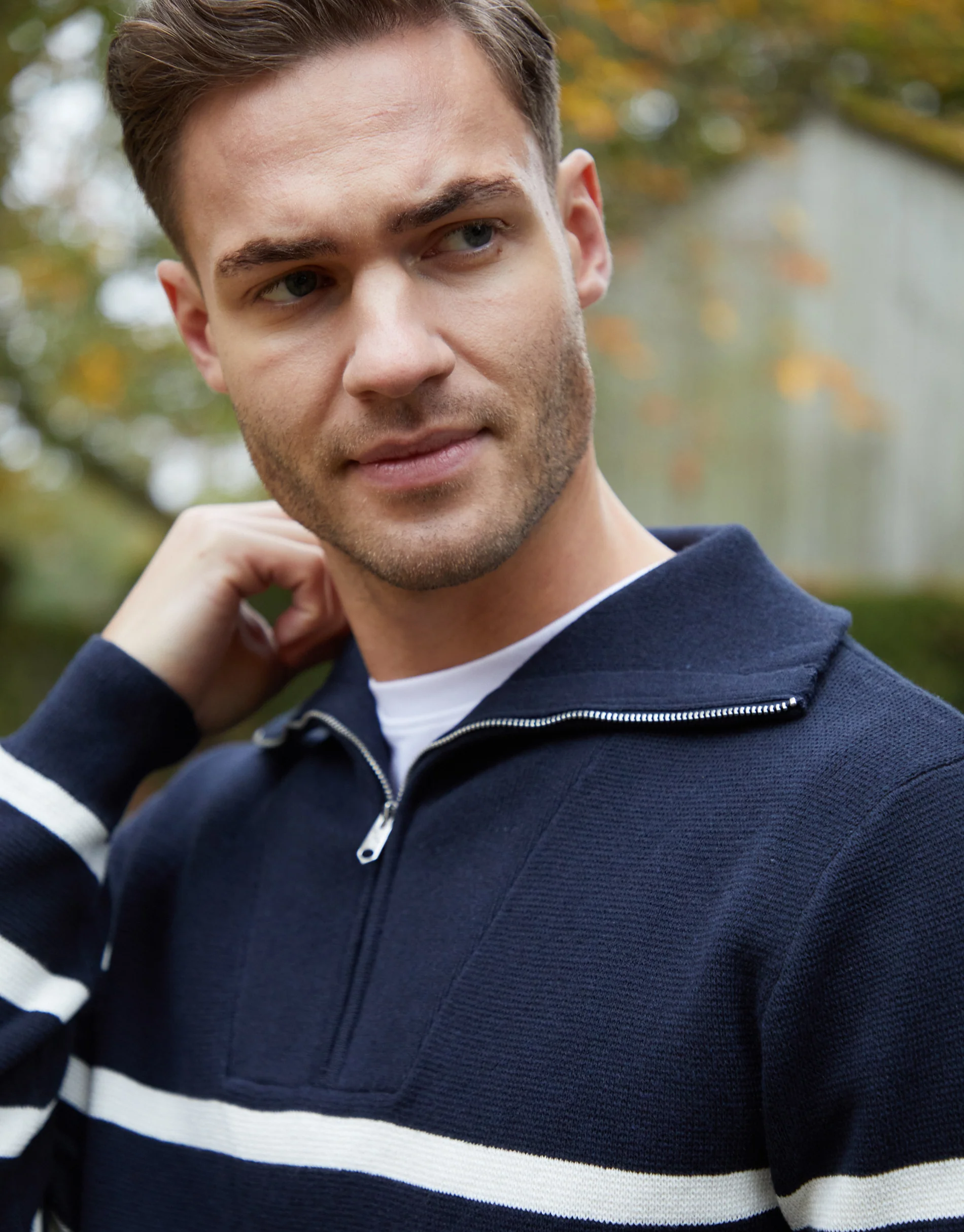 Knitted Quarter Zip Jumper in Navy Stripe - Image 4