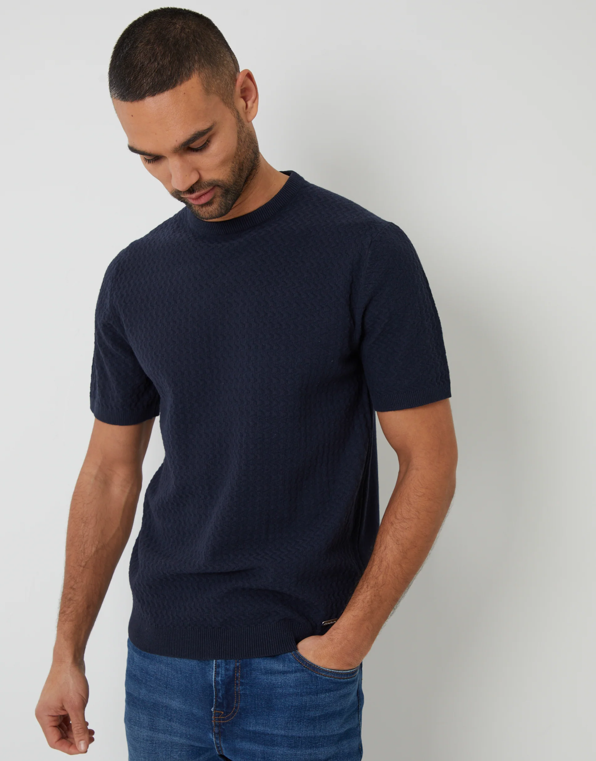 Textured Front Knitted T-Shirt in Navy