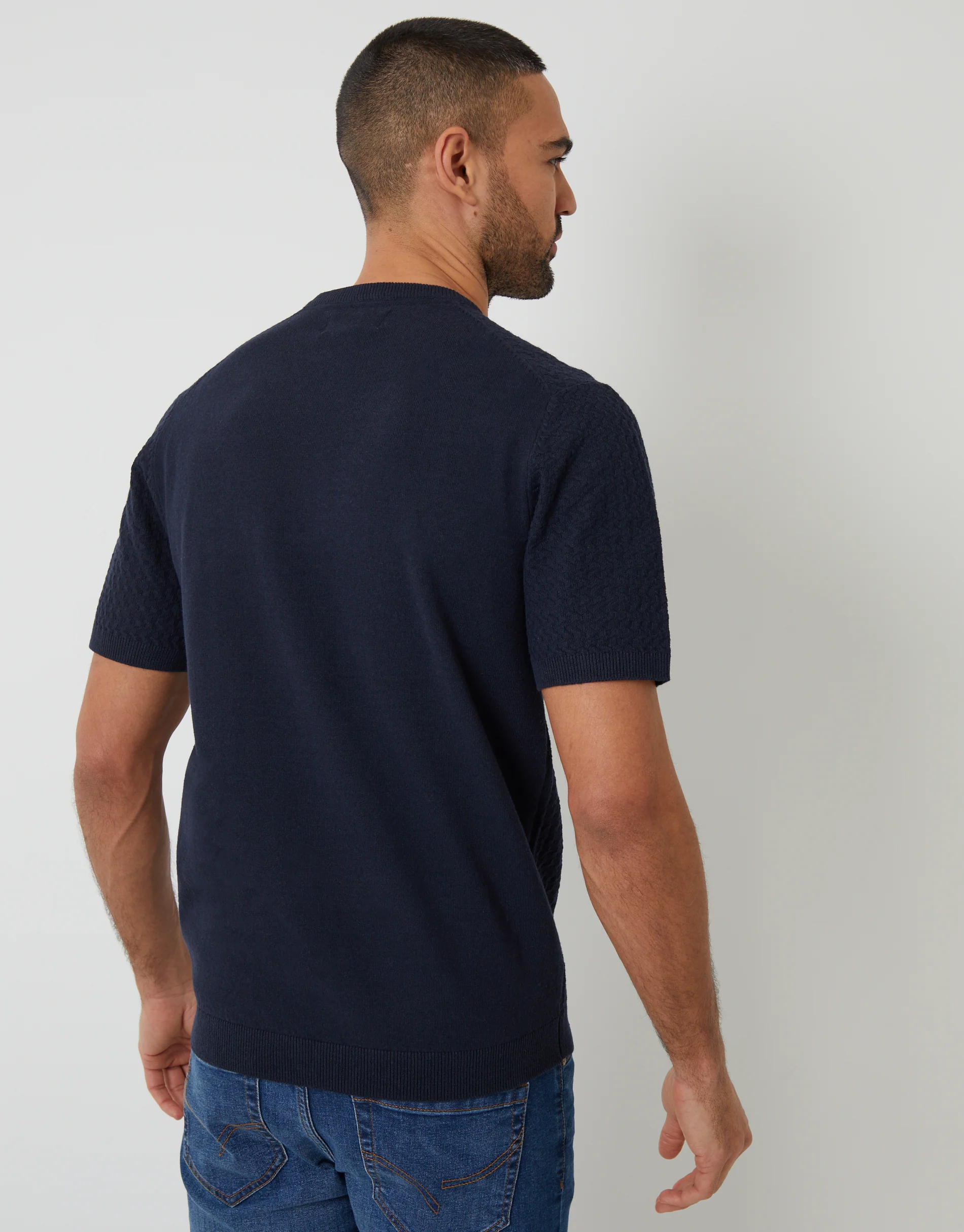 Textured Front Knitted T-Shirt in Navy - Image 2