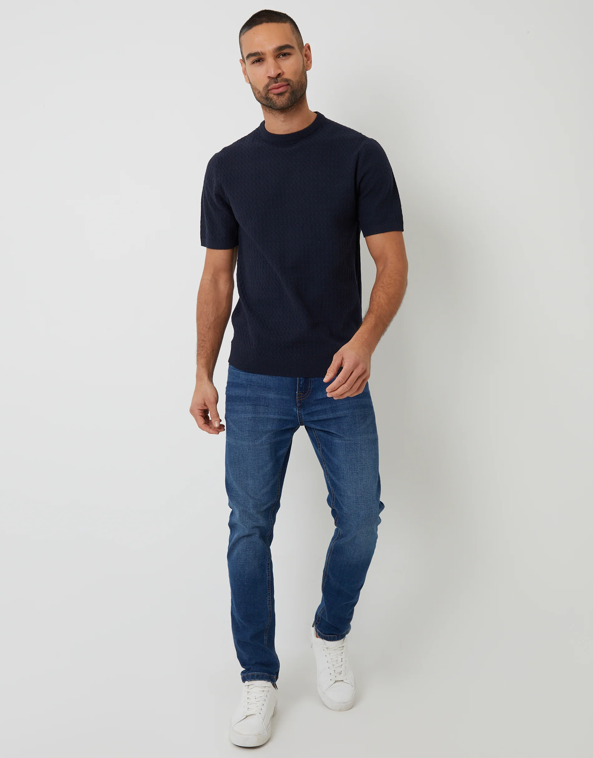Textured Front Knitted T-Shirt in Navy - Image 3