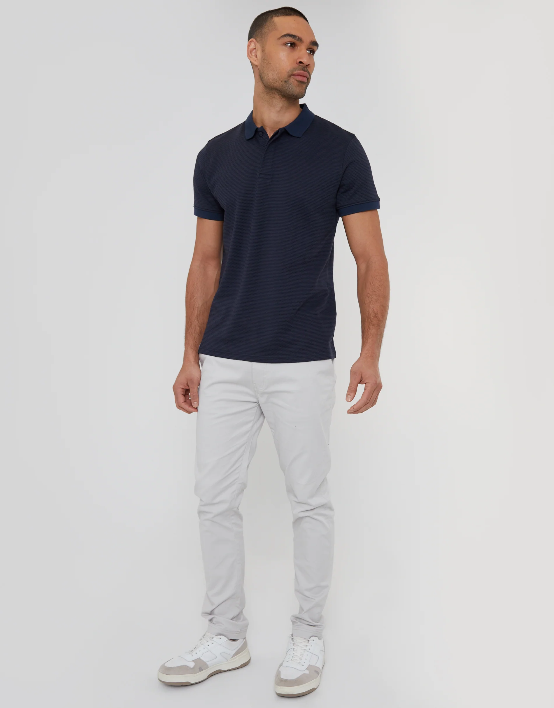 Textured Hidden Placket Polo Shirt in Navy - Image 3