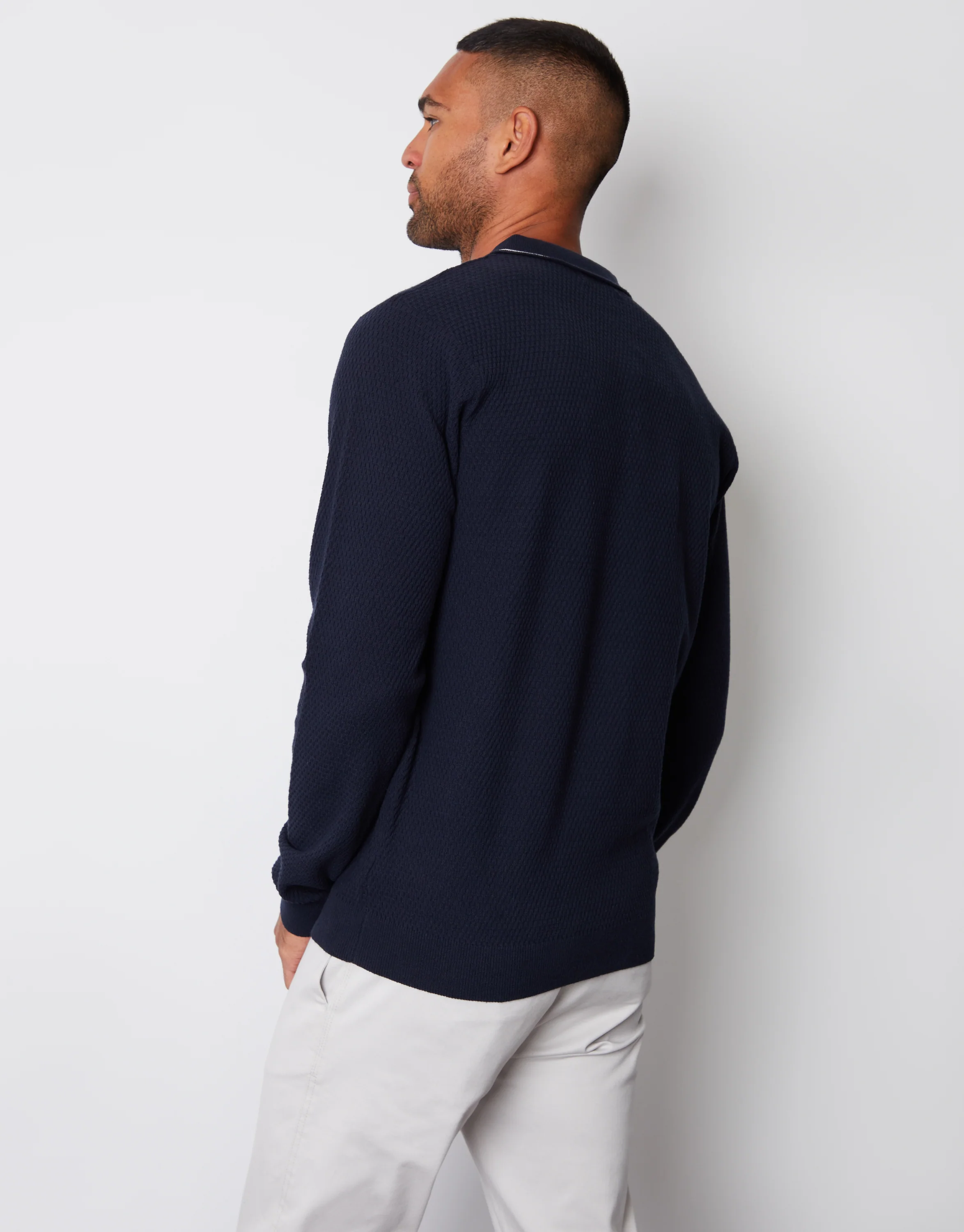 Textured Knitted Long Sleeve Polo Jumper in Navy - Image 2