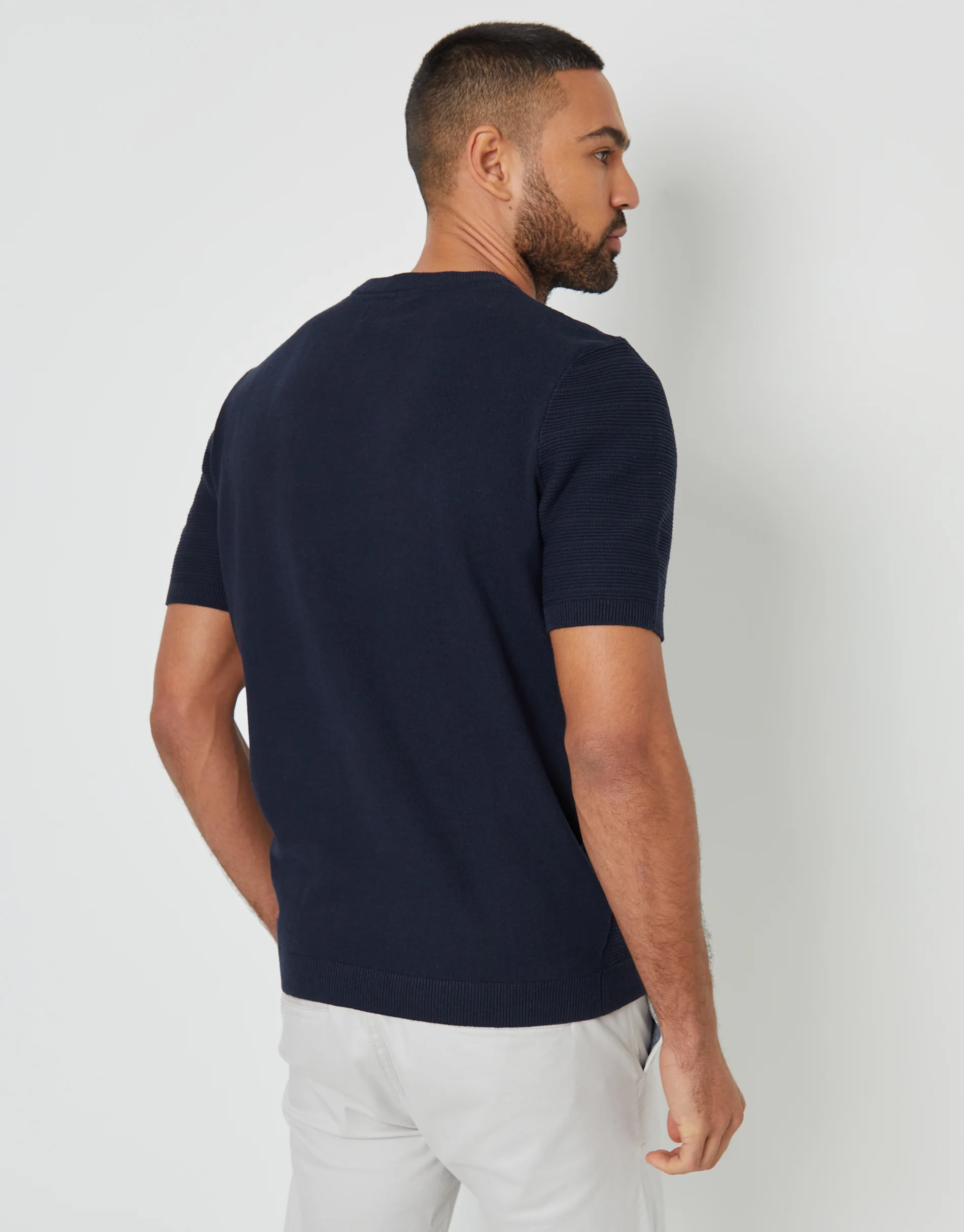 Textured Knitted T-Shirt in Navy - Image 2