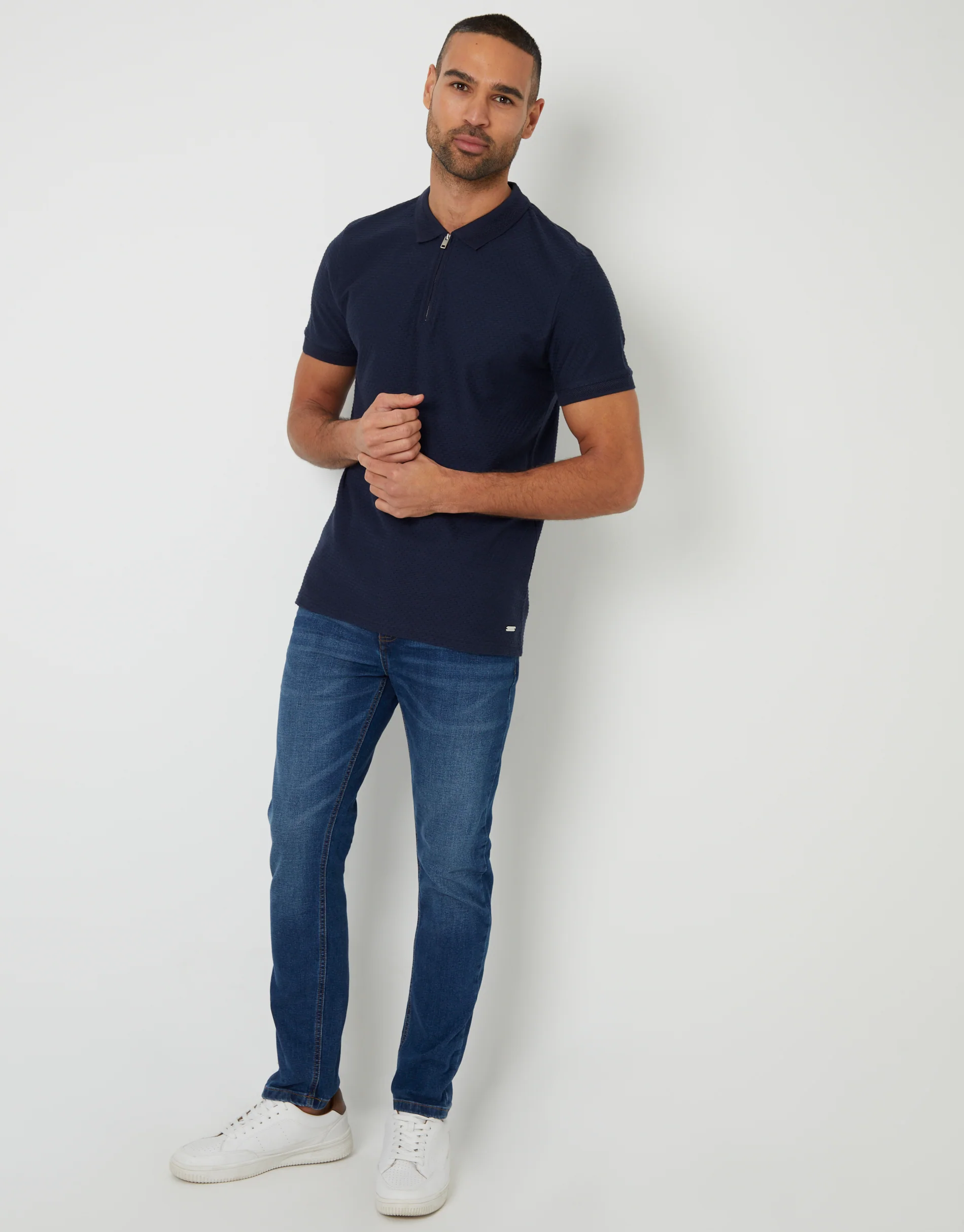 Textured Quarter Zip Polo Shirt in Navy - Image 3