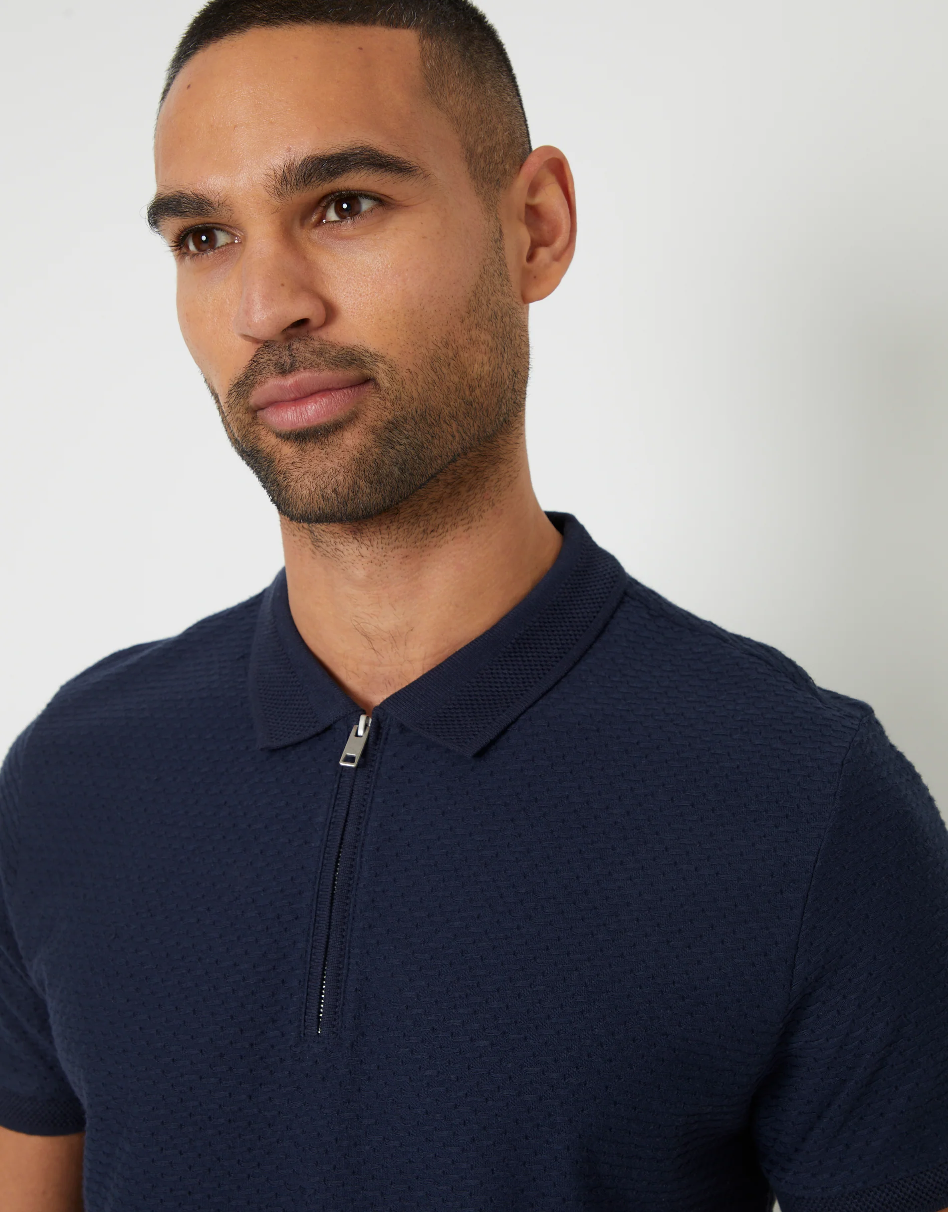 Textured Quarter Zip Polo Shirt in Navy - Image 4