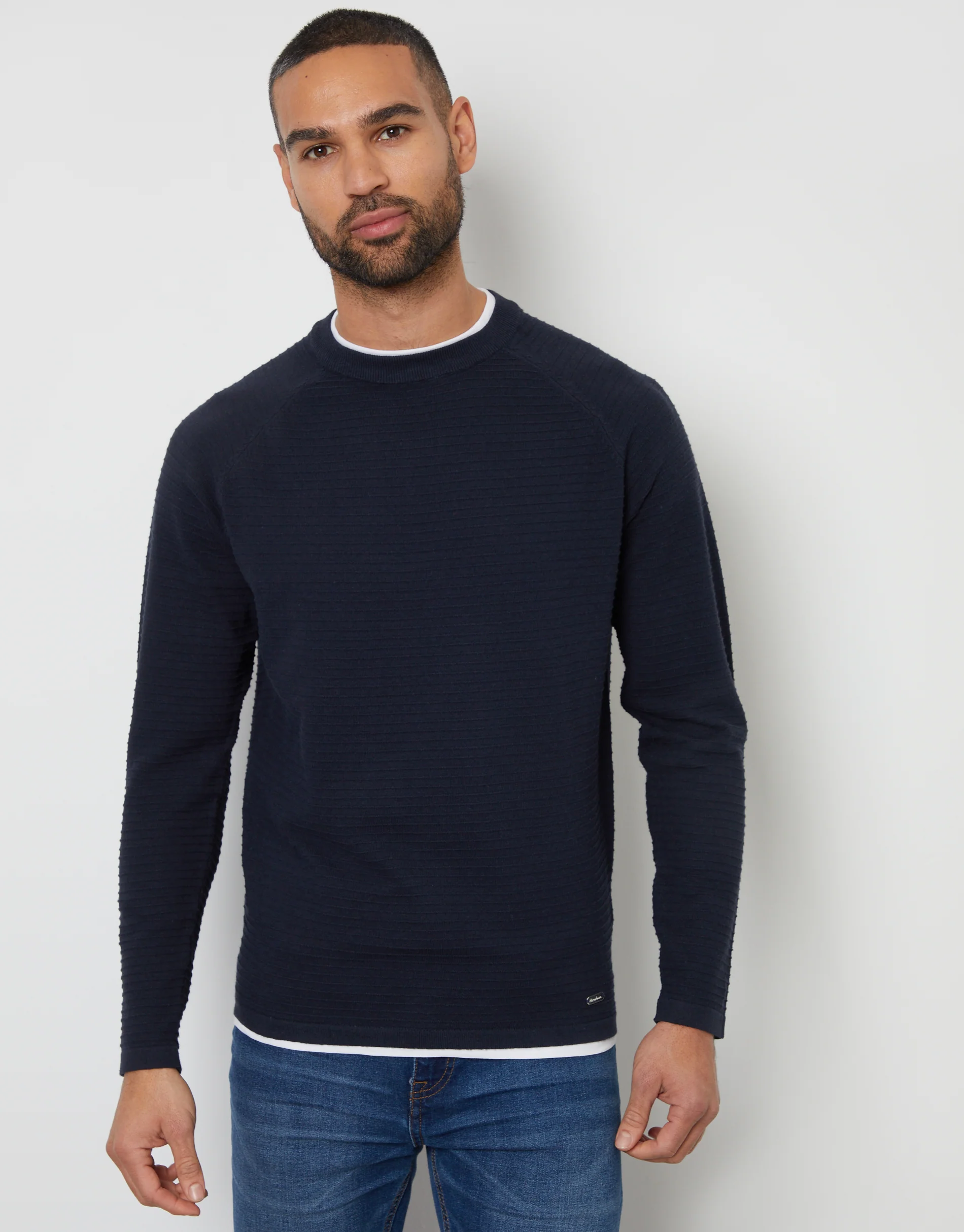 Textured Raglan Mock T-Shirt Crew Neck Jumper in Navy