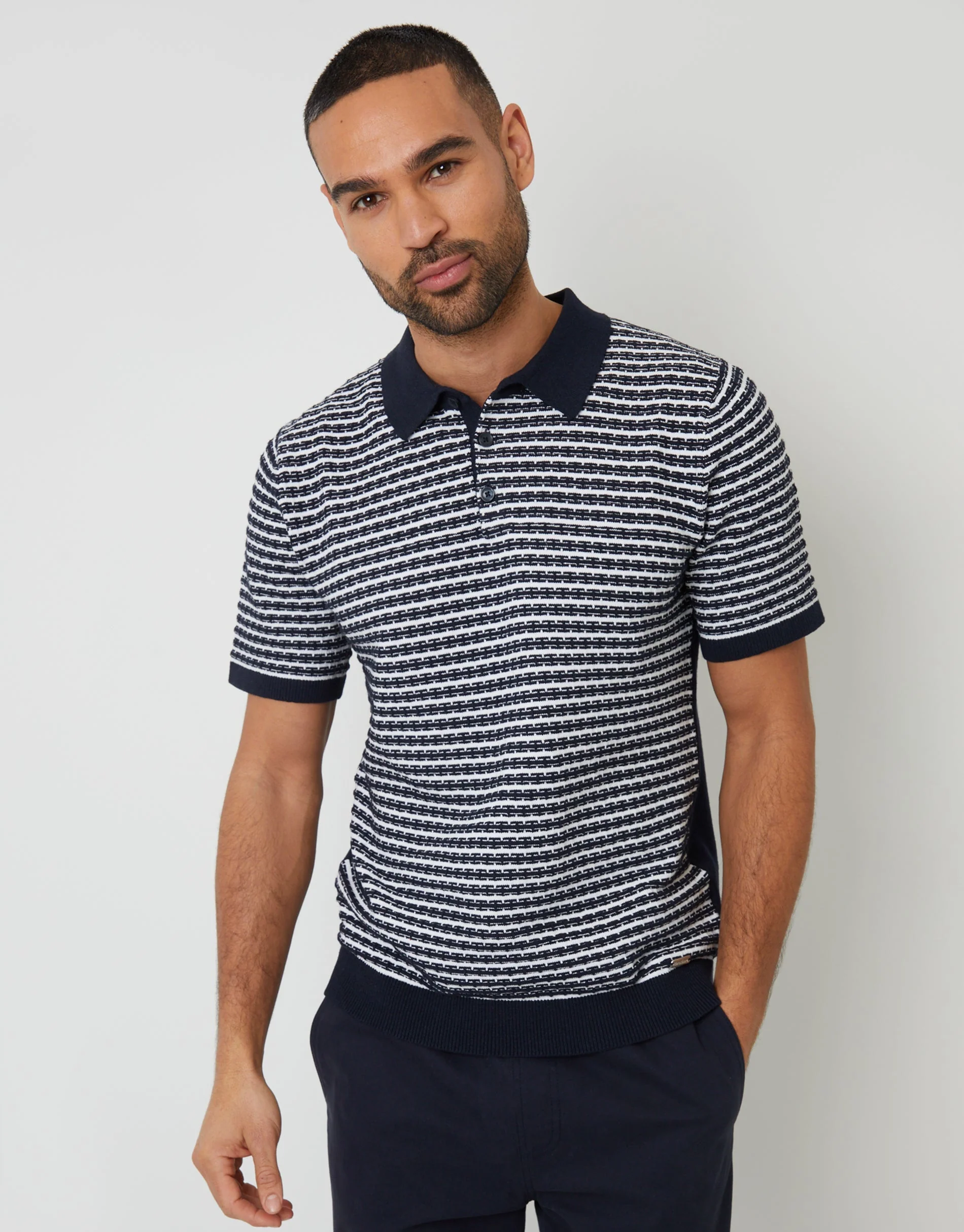 Textured Knitted Polo Shirt in Navy Stripe