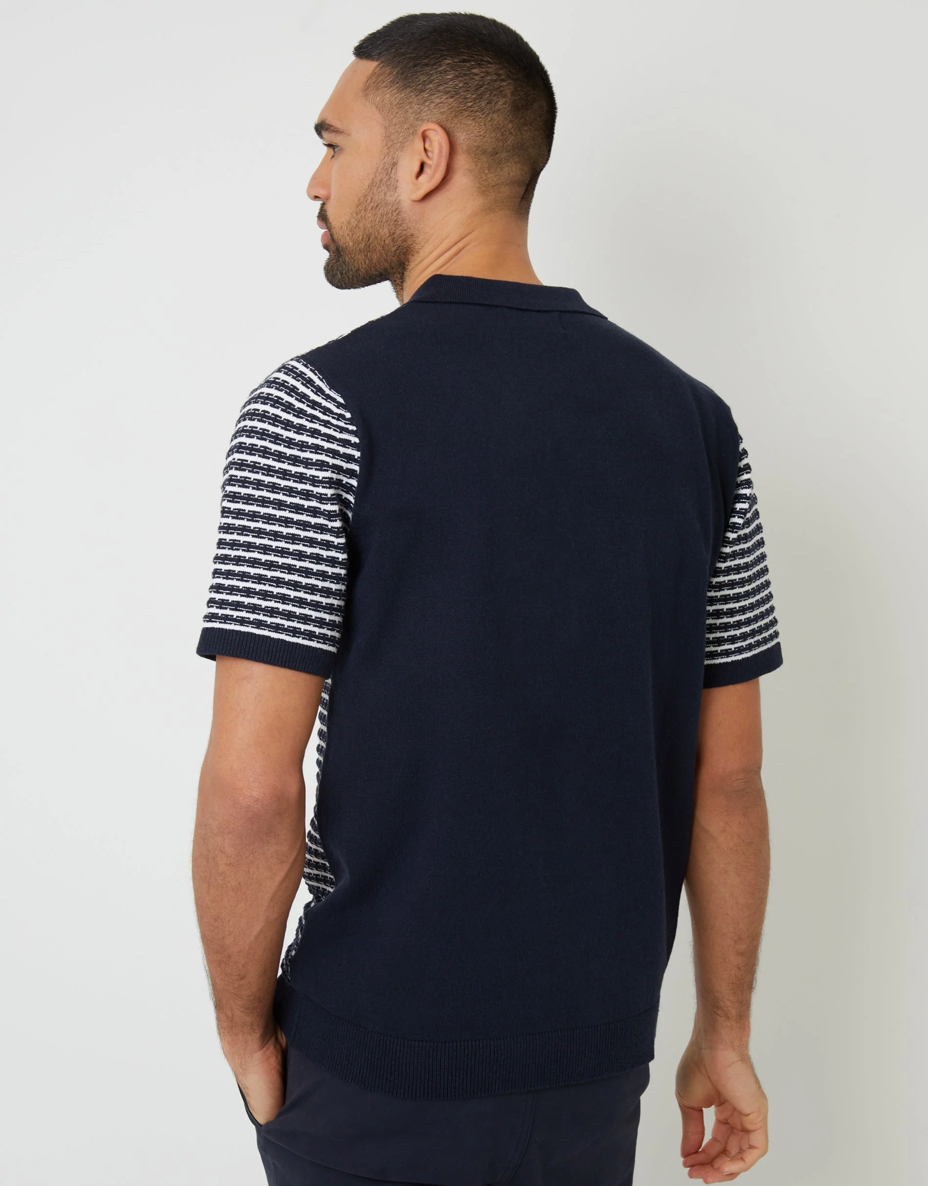 Textured Knitted Polo Shirt in Navy Stripe - Image 2