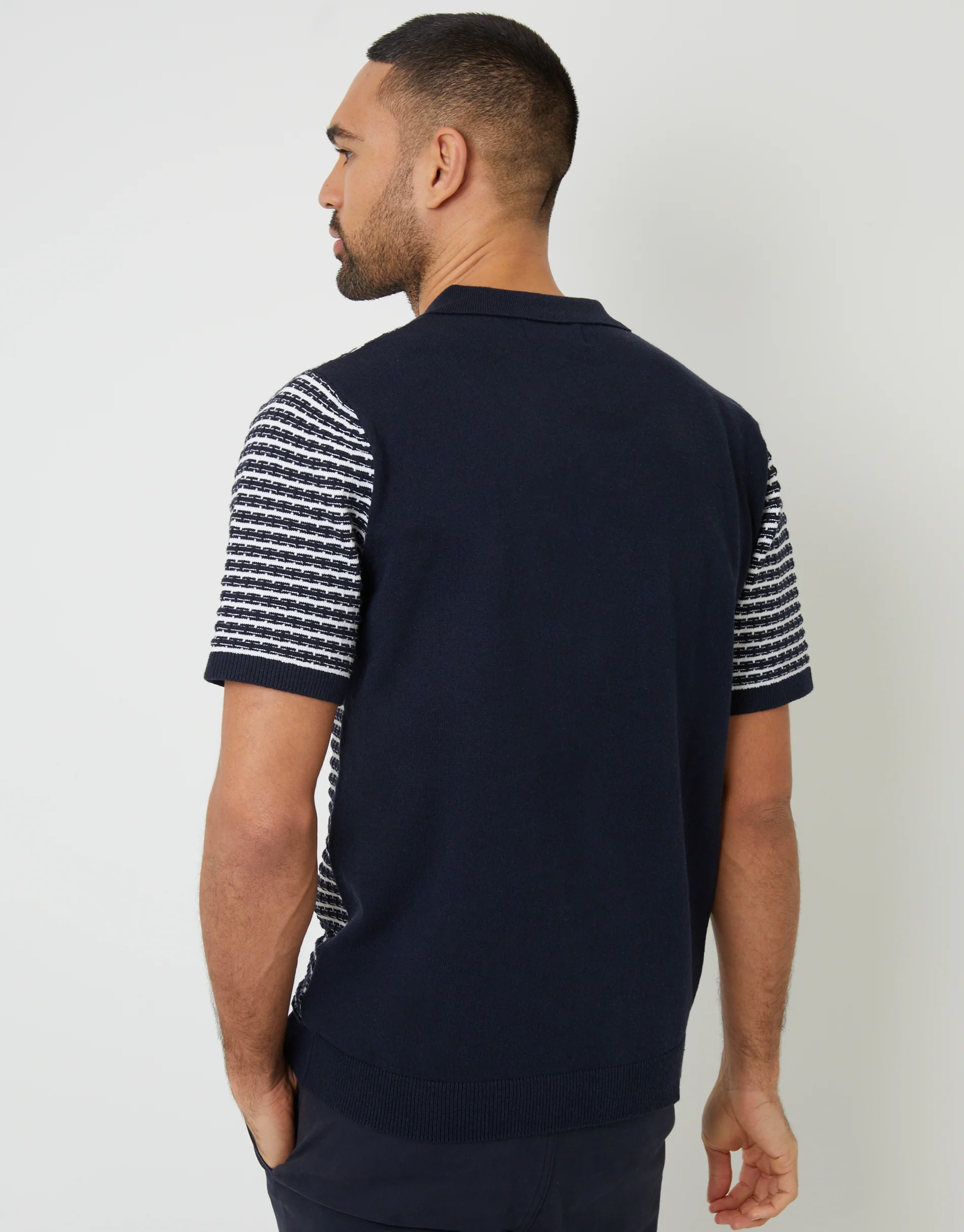 Textured Knitted Polo Shirt in Navy Stripe - Image 6
