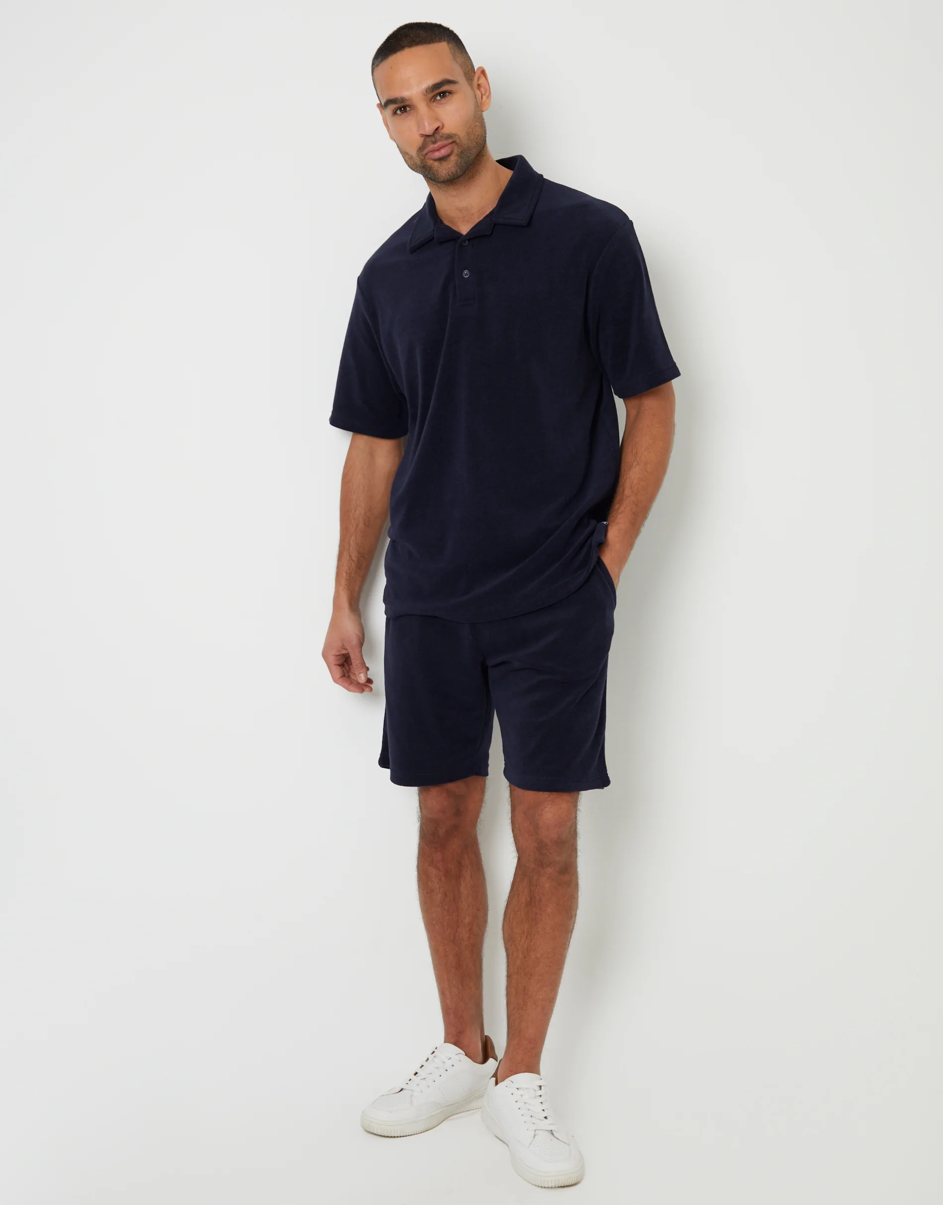 Towelling Revere Collar Polo Shirt in Navy - Image 3