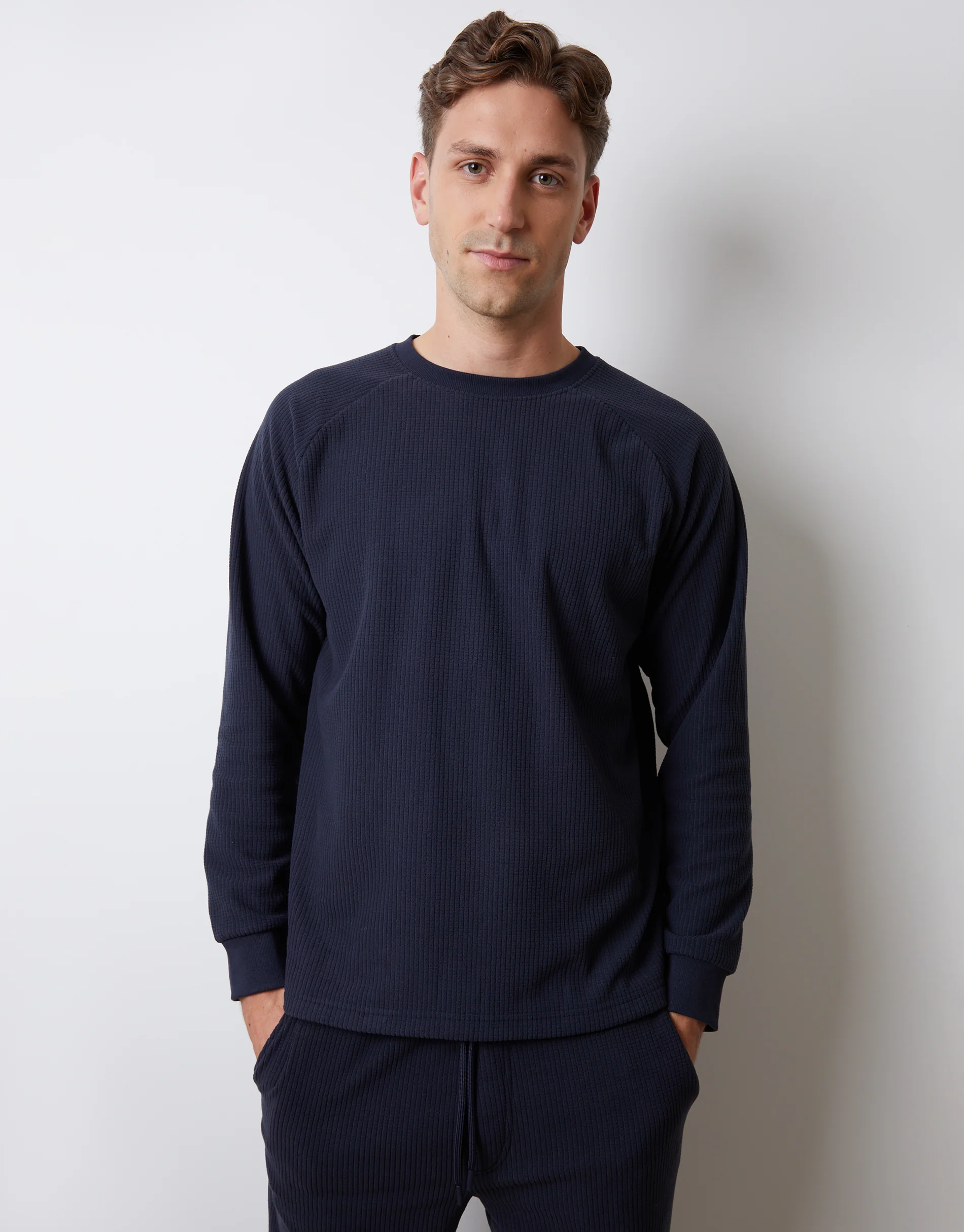 Waffle Textured Fleece Loungewear Set in Navy - Image 3