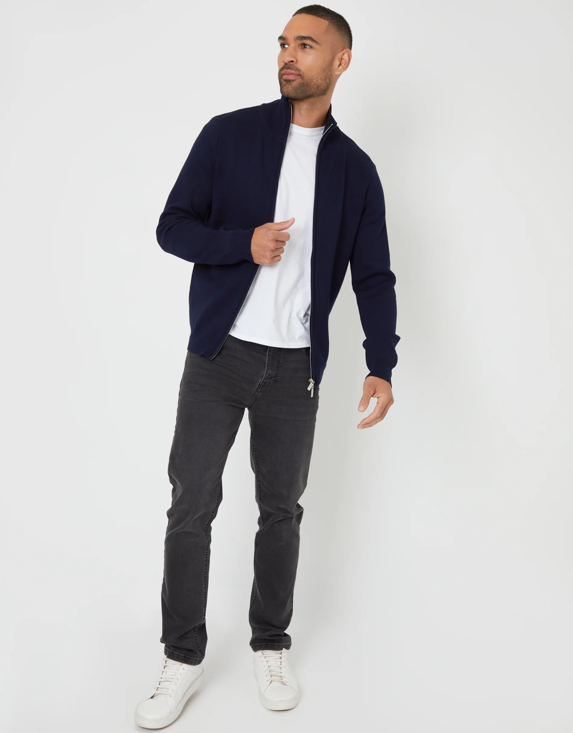 Zip-Through Funnel Neck Knitted Cardigan in Navy - Image 3