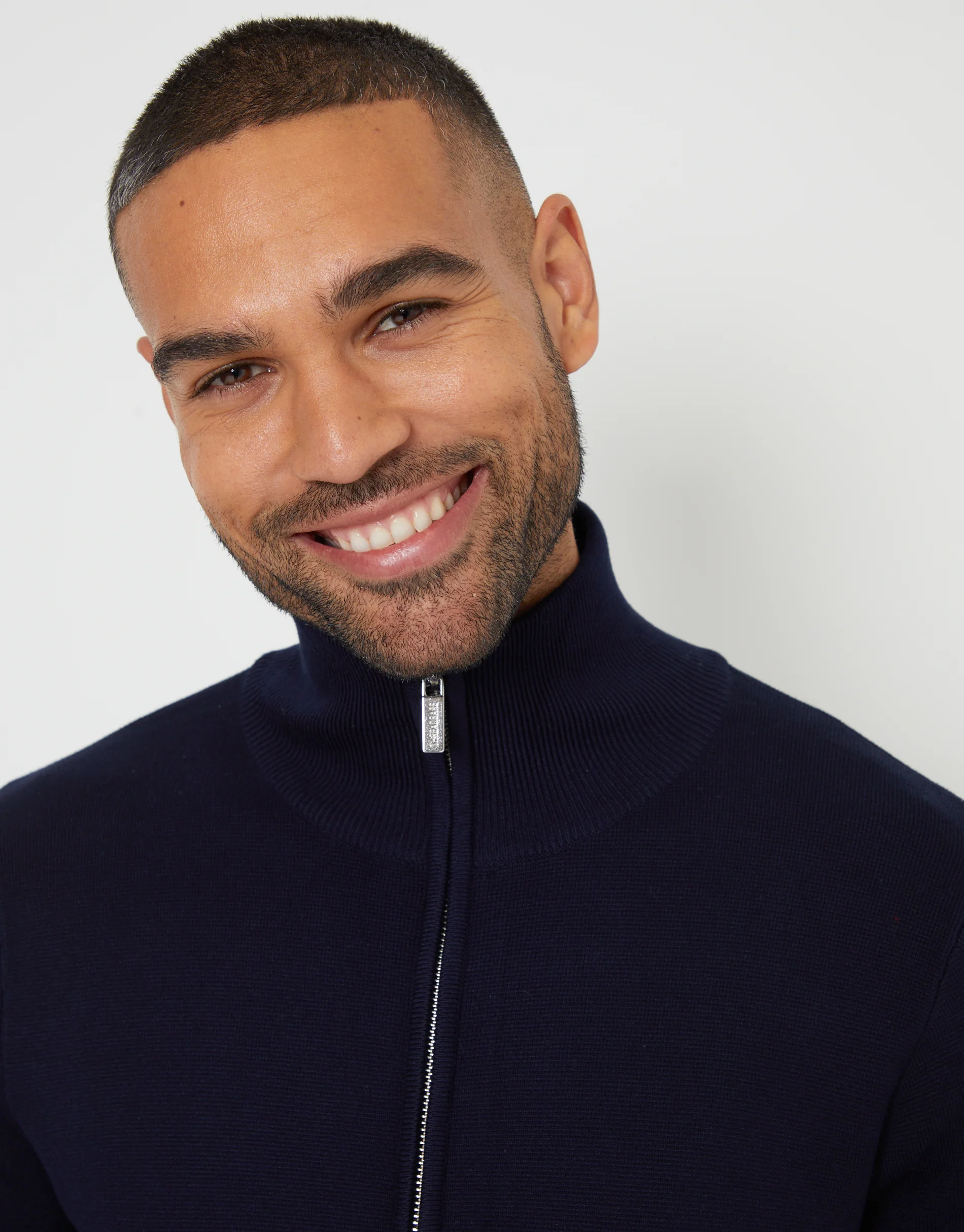 Zip-Through Funnel Neck Knitted Cardigan in Navy - Image 4