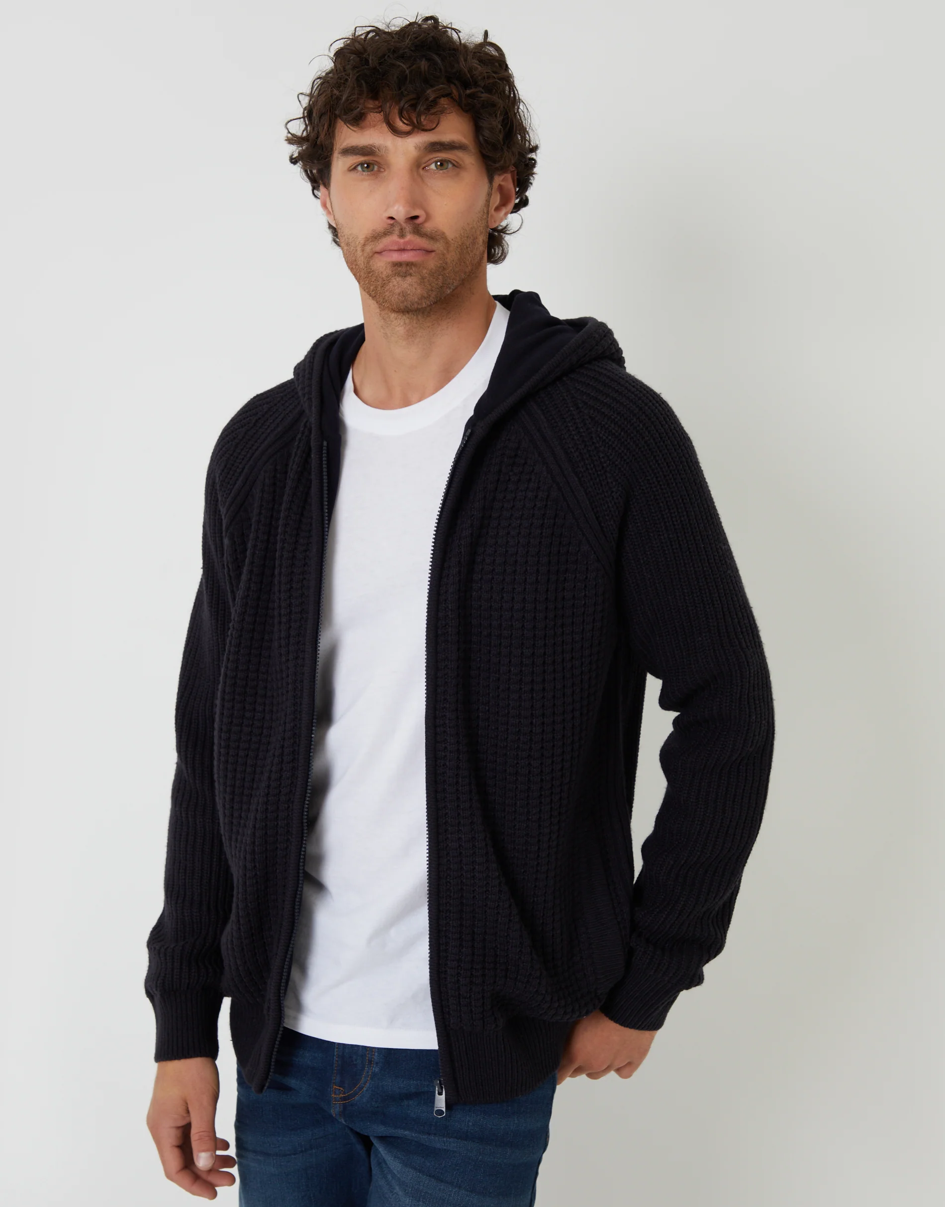 Zip Up Knitted Microfleece Lined Hoodie in Navy
