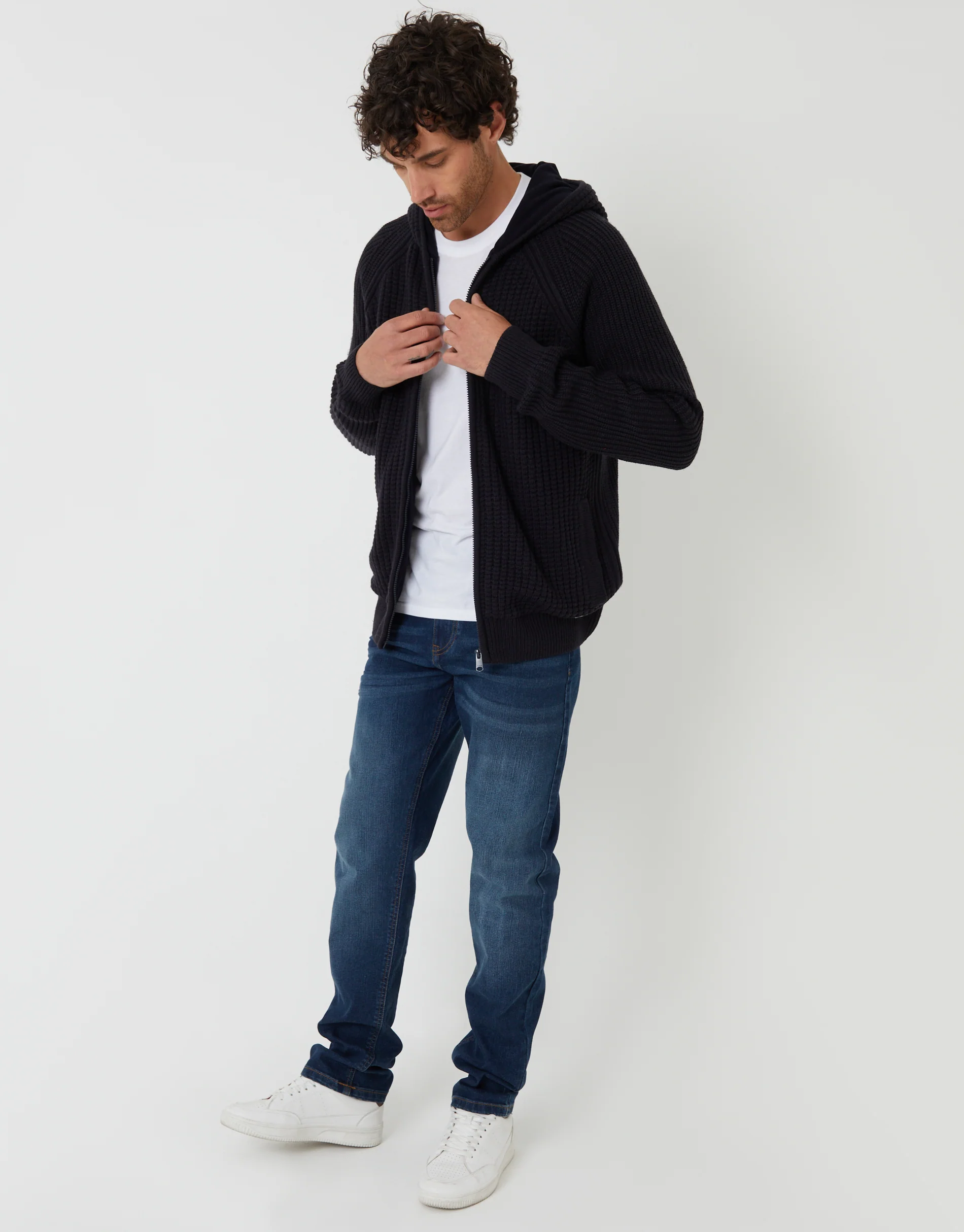 Zip Up Knitted Microfleece Lined Hoodie in Navy - Image 3