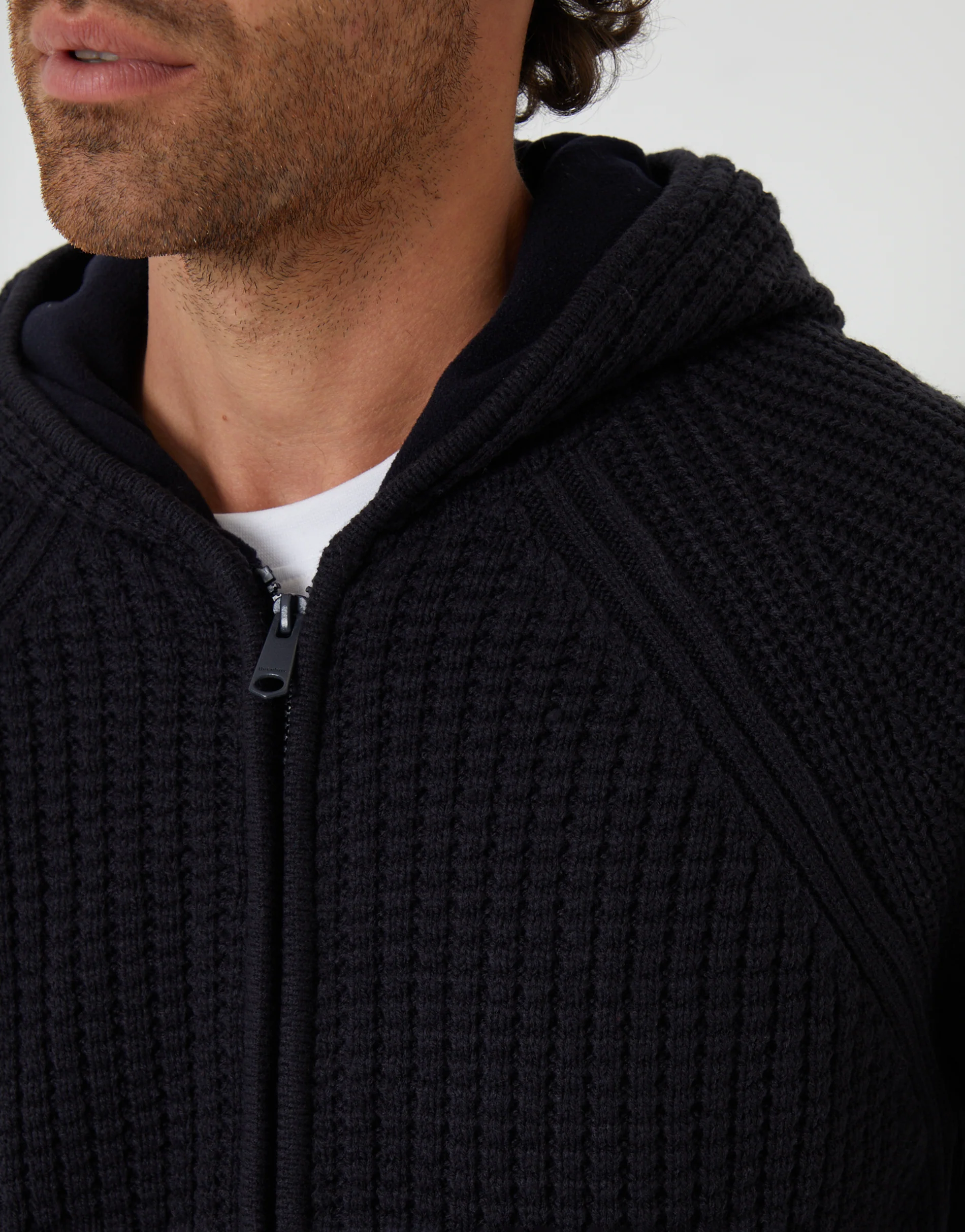 Zip Up Knitted Microfleece Lined Hoodie in Navy - Image 4