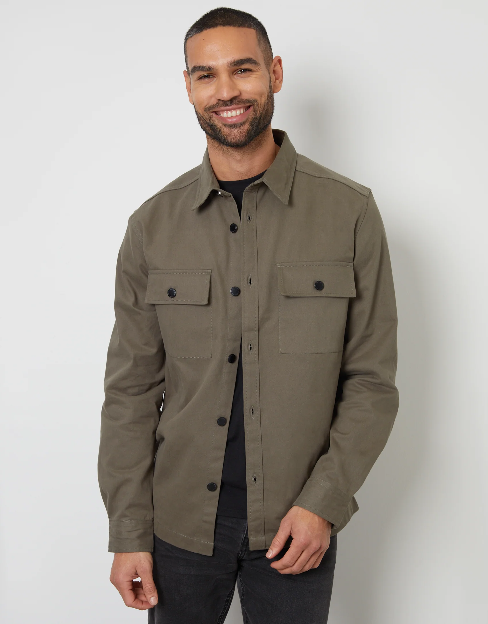 Relaxed Fit Cotton Twill Button Up Shacket in Olive Green