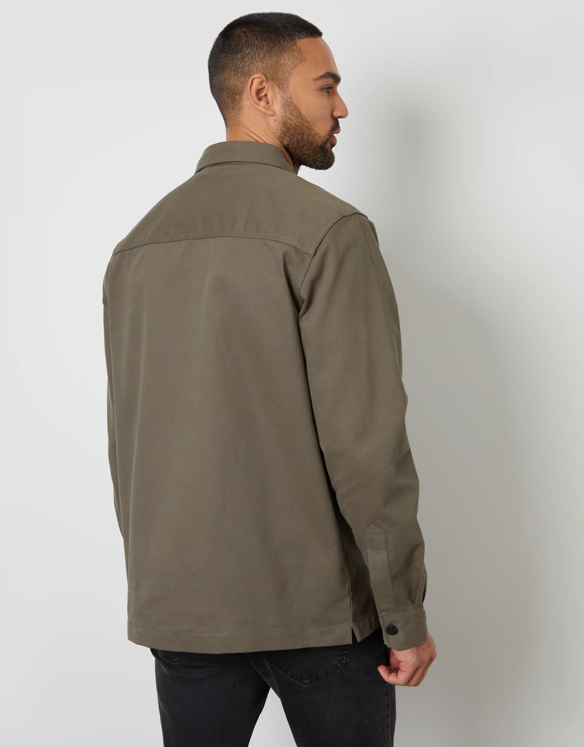 Relaxed Fit Cotton Twill Button Up Shacket in Olive Green - Image 2