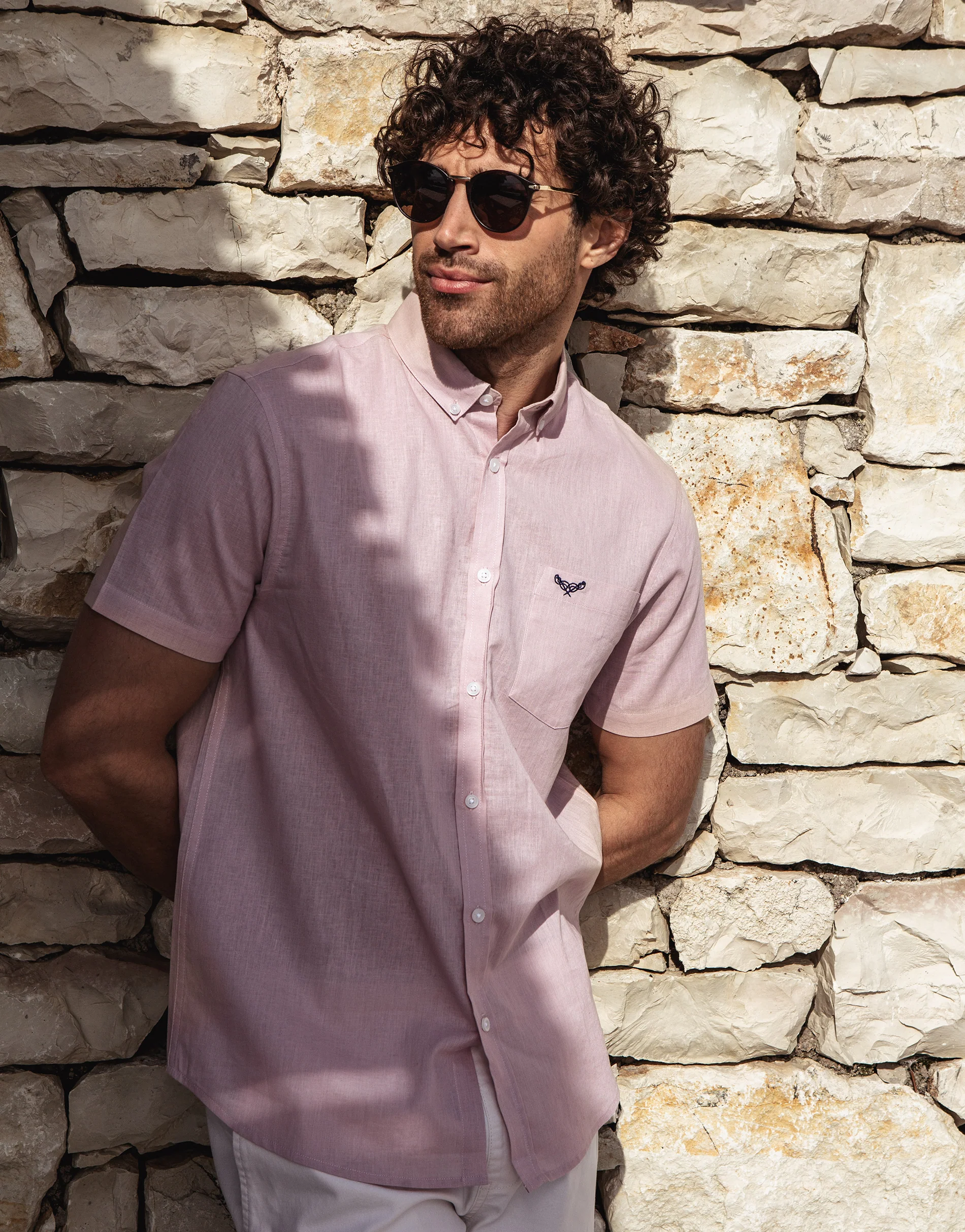 Short Sleeve Linen Blend Shirt in Pink - Image 3