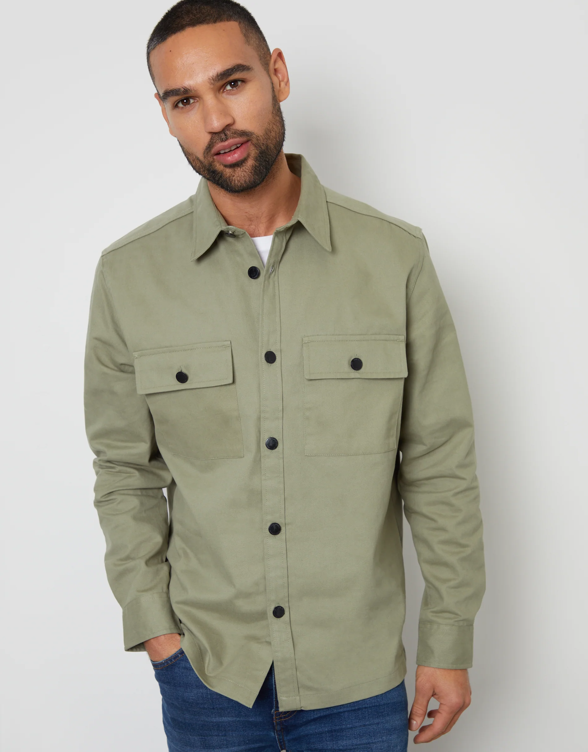 Relaxed Fit Cotton Twill Button Up Shacket in Sage Green