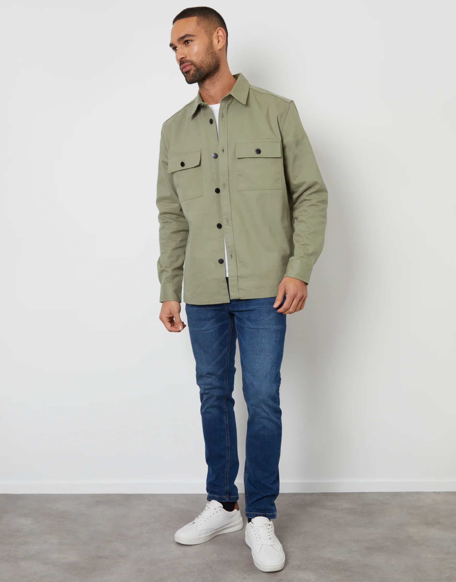 Relaxed Fit Cotton Twill Button Up Shacket in Sage Green - Image 3