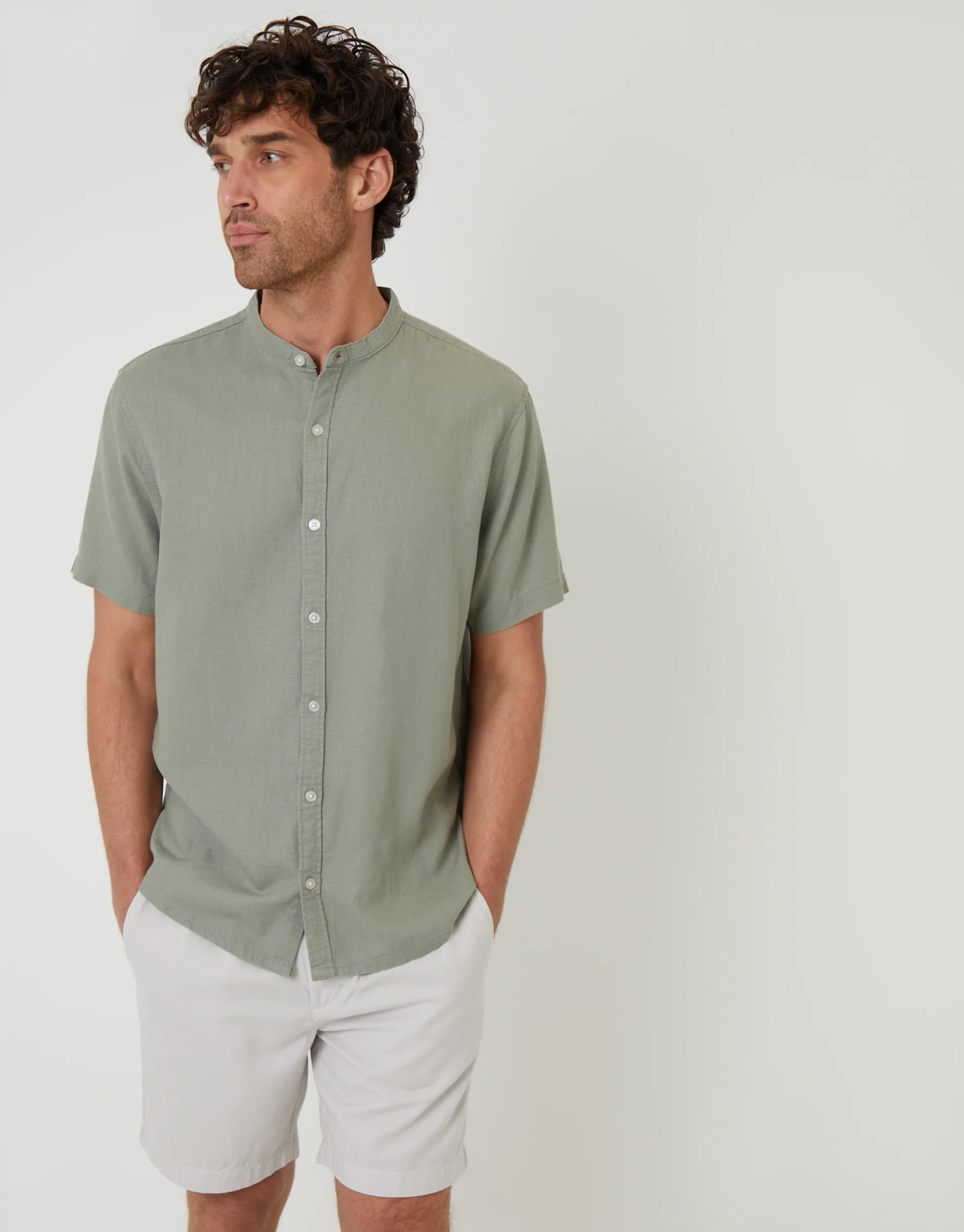 Grandad Collar Linen Blend Short Sleeve Shirt in Sage Green