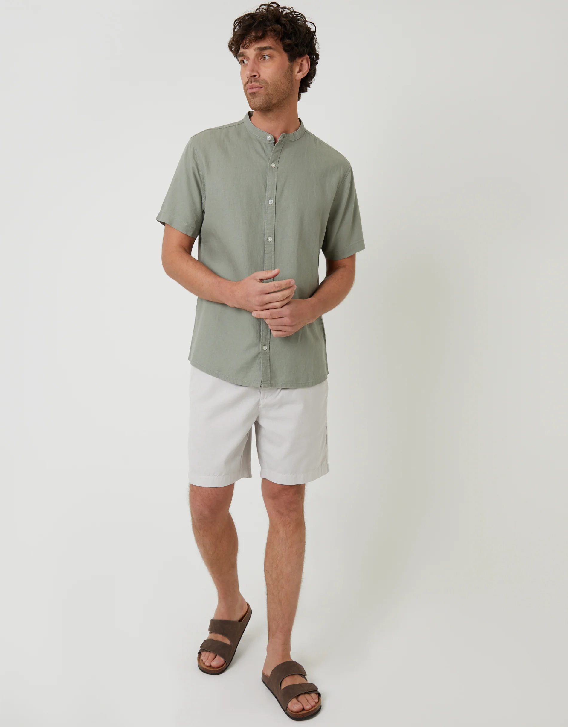 Grandad Collar Linen Blend Short Sleeve Shirt in Sage Green - Image 3