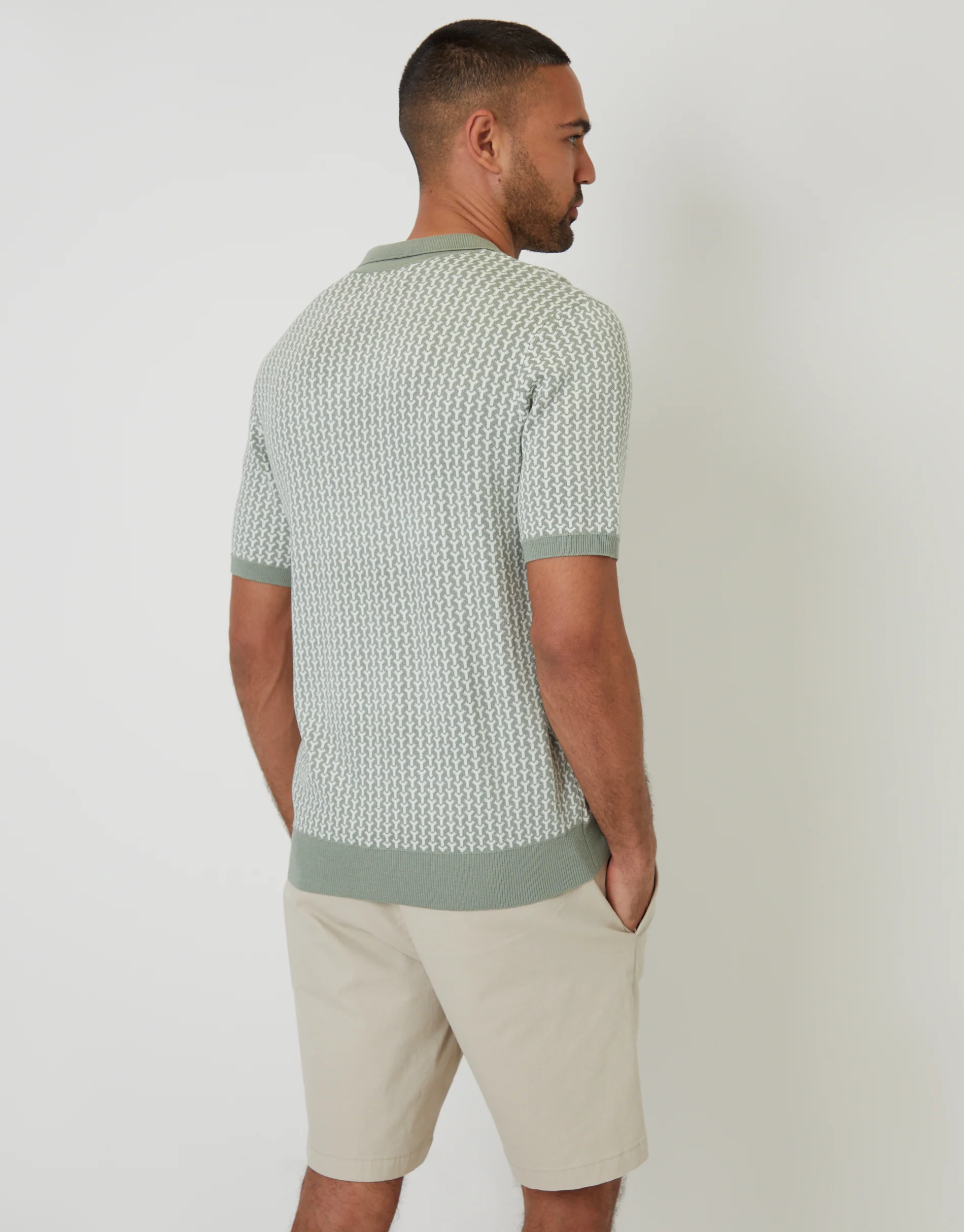 Jacquard Geo Trophy Neck Knitted Polo in Sage Green - Image 2