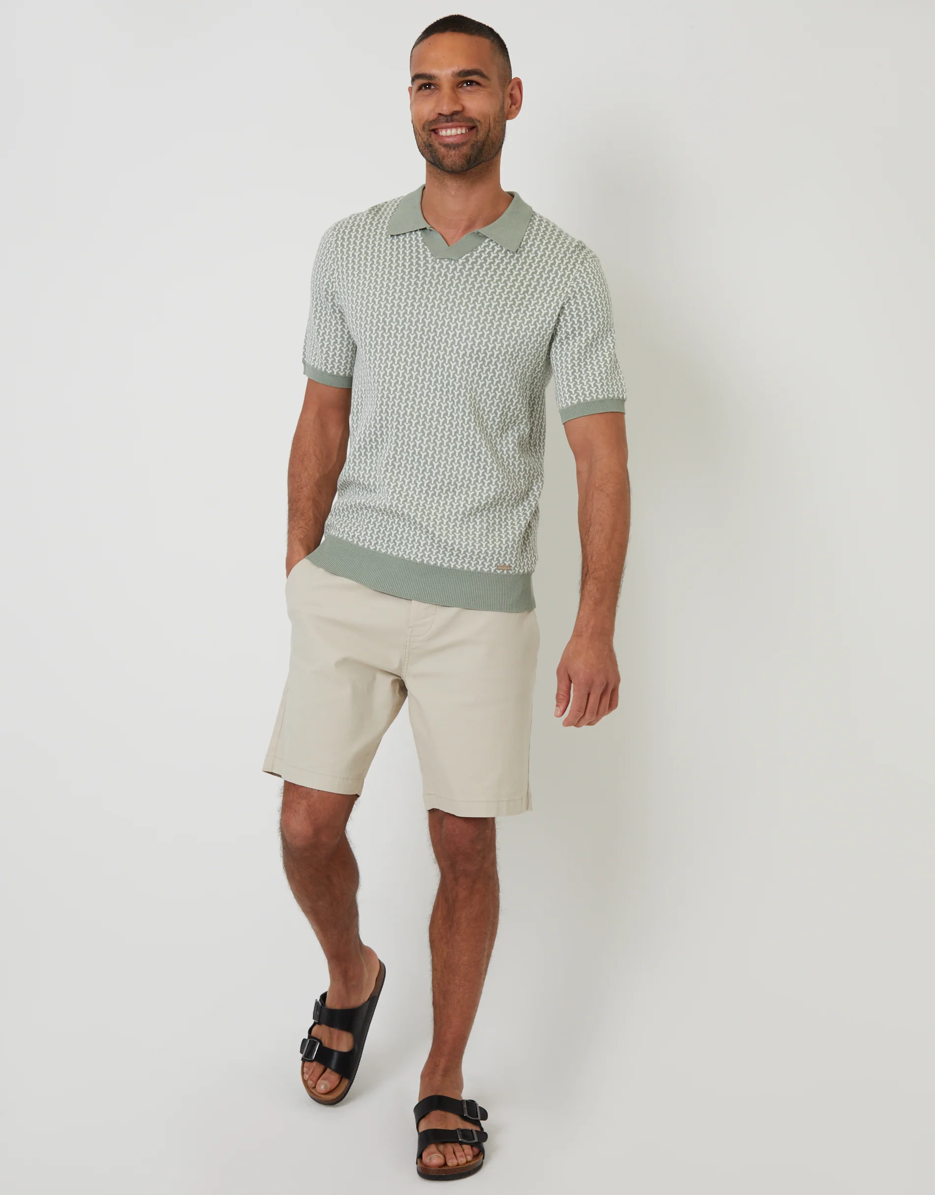 Jacquard Geo Trophy Neck Knitted Polo in Sage Green - Image 3
