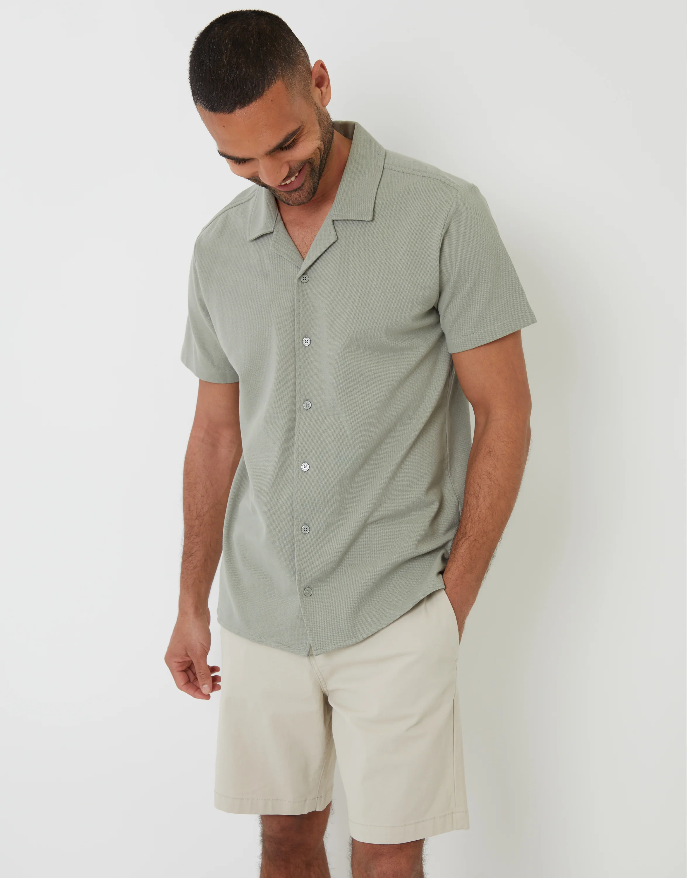 Jersey Pique Revere Collar Short Sleeve Shirt in Sage Green
