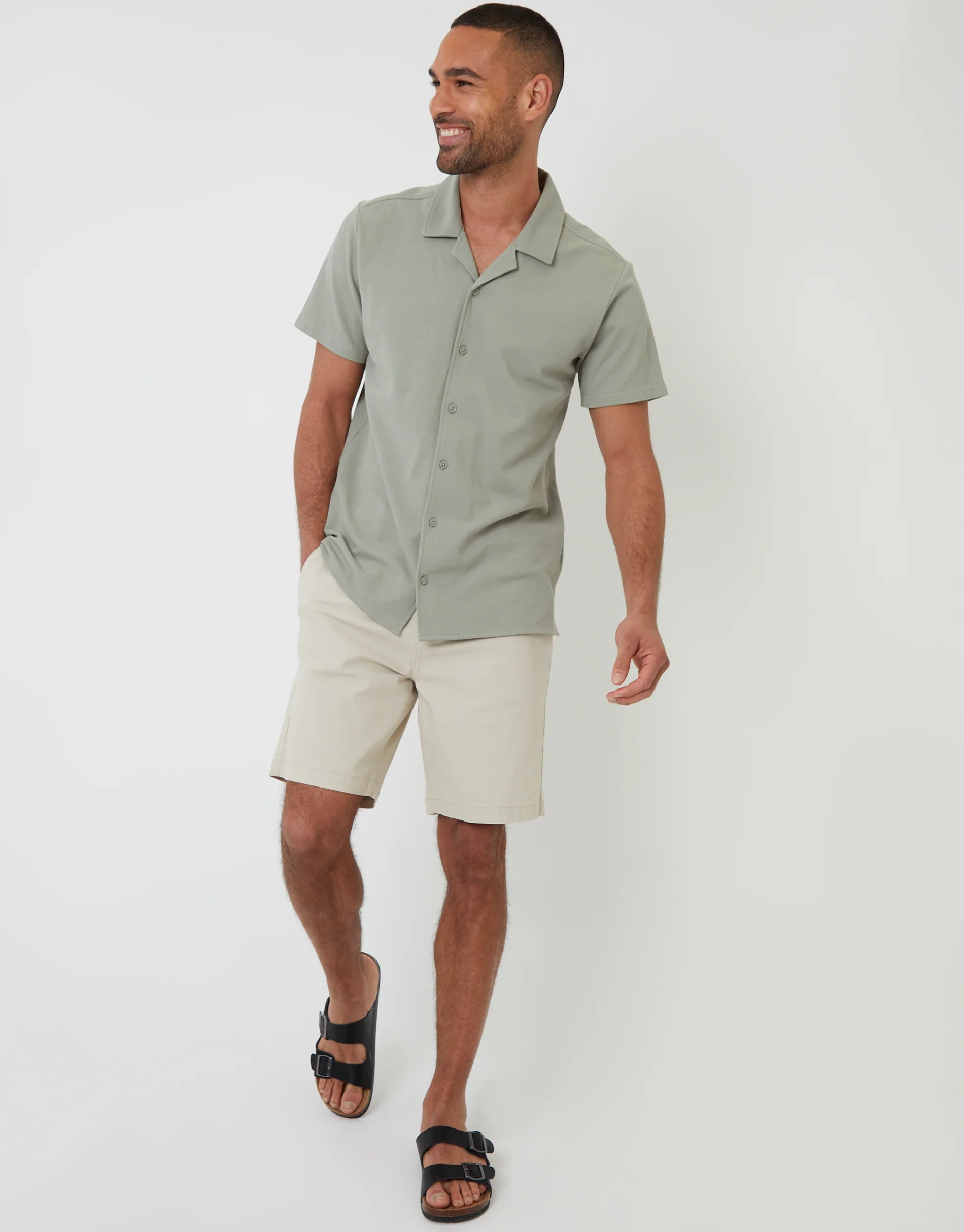 Jersey Pique Revere Collar Short Sleeve Shirt in Sage Green - Image 3