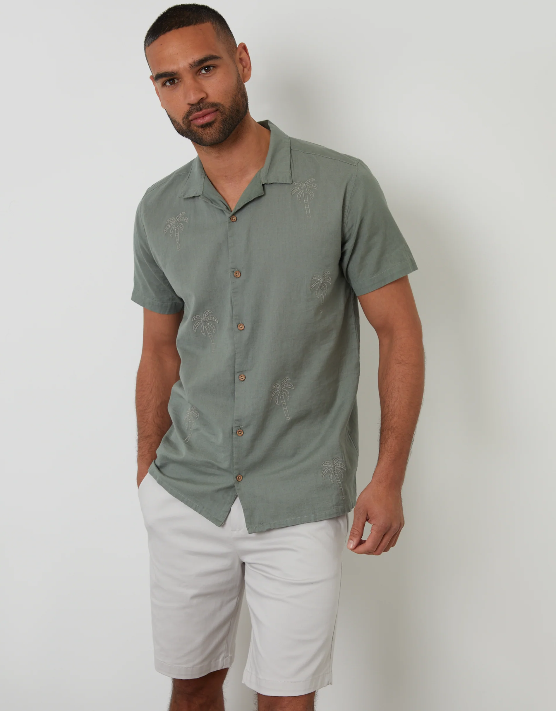 Linen Blend Palm Embroidered Short Sleeve Shirt in Sage Green