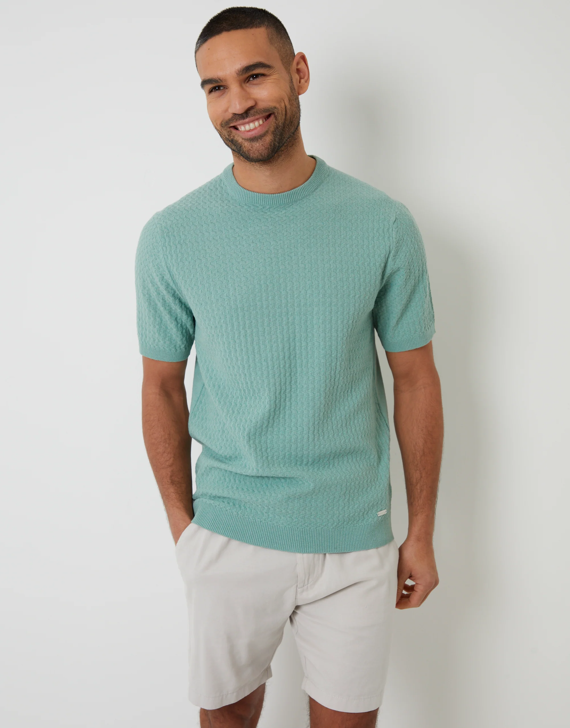 Textured Front Knitted T-Shirt in Sage Green