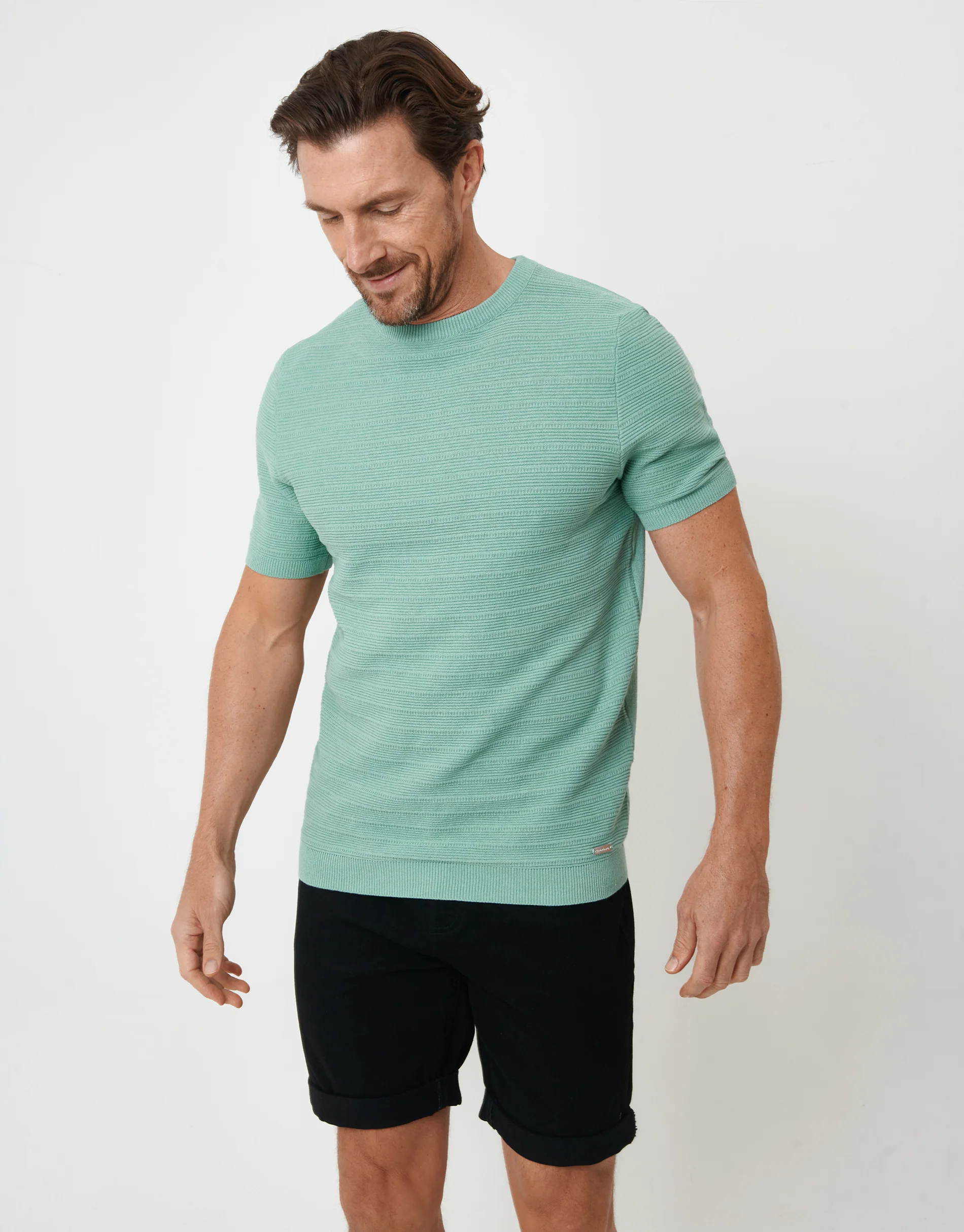 Textured Knitted T-Shirt in Sage Green