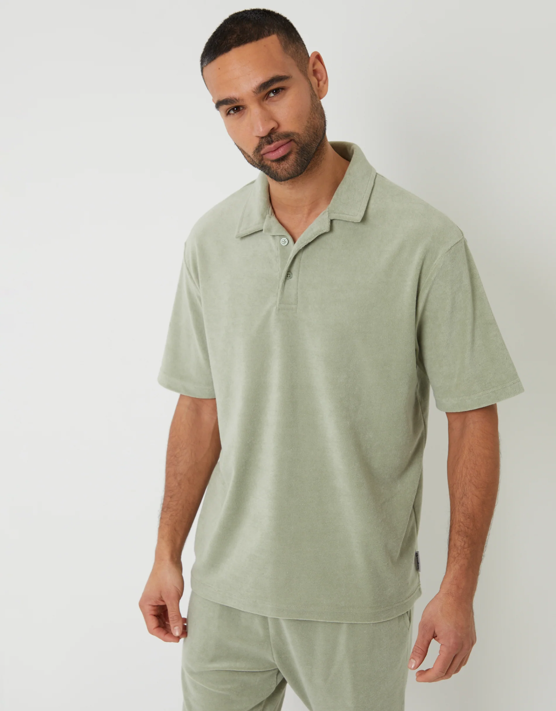 Towelling Revere Collar Polo Shirt in Sage Green