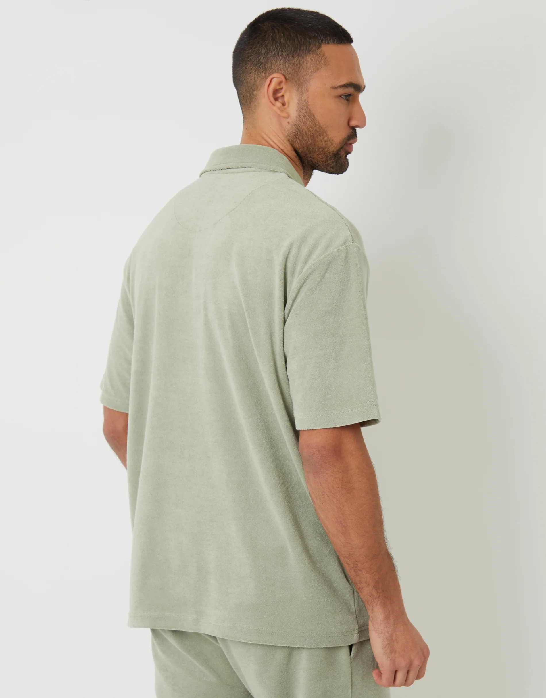 Towelling Revere Collar Polo Shirt in Sage Green - Image 2