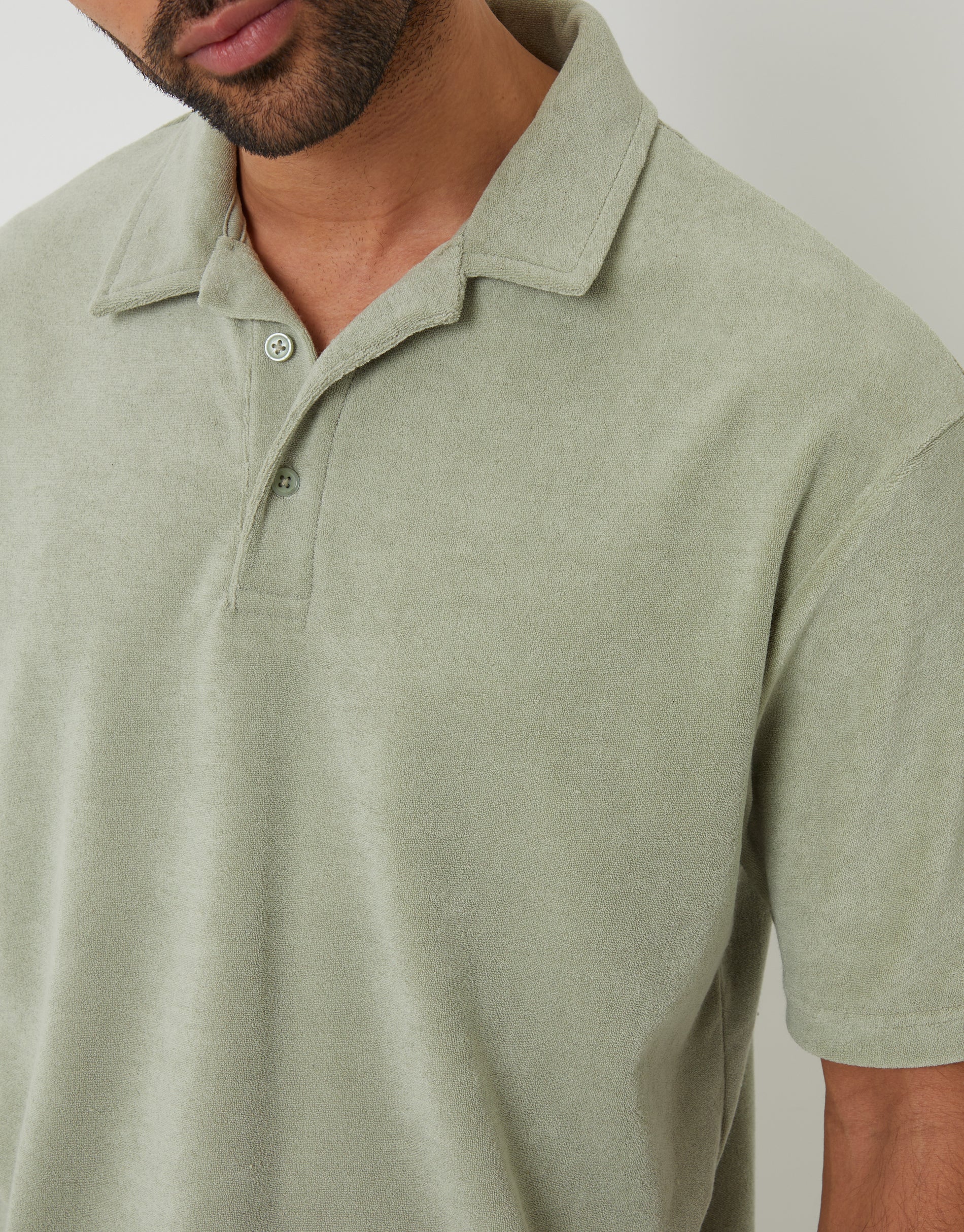 Towelling Revere Collar Polo Shirt in Sage Green - Image 4
