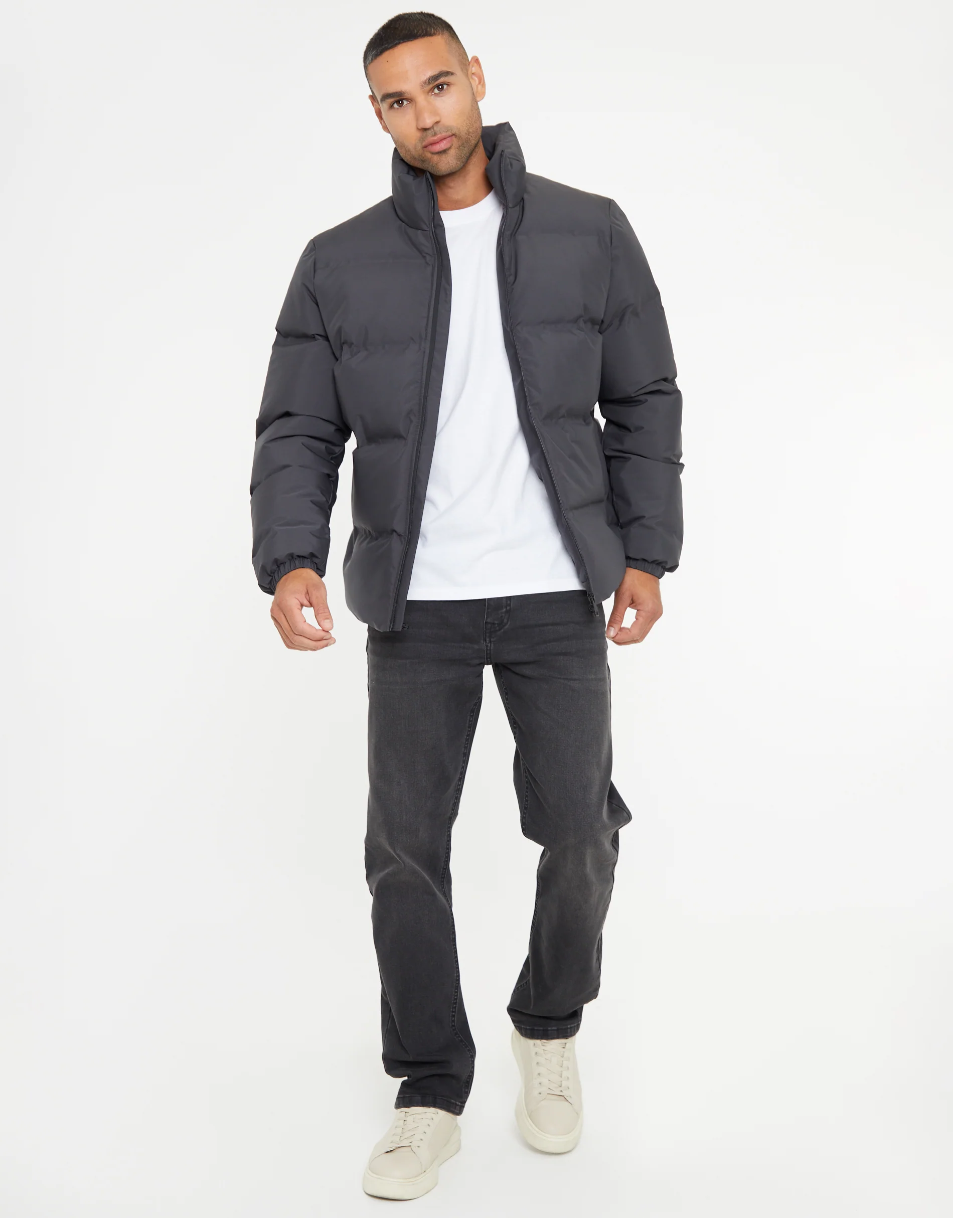Funnel Neck Puffer Jacket in Slate Grey - Image 3