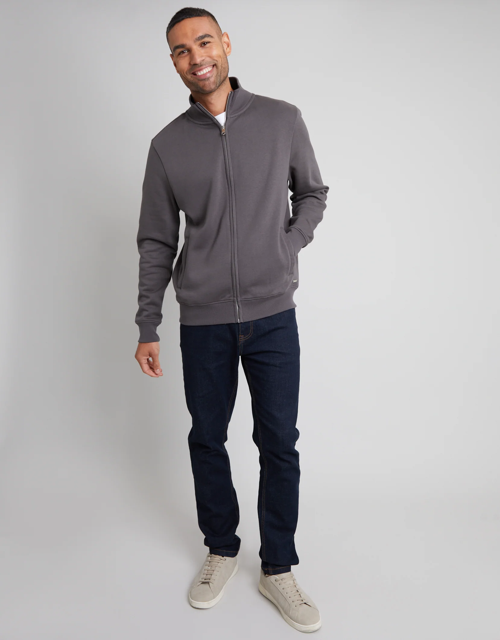 Funnel Neck Zip Through Sweatshirt in Slate Grey - Image 3
