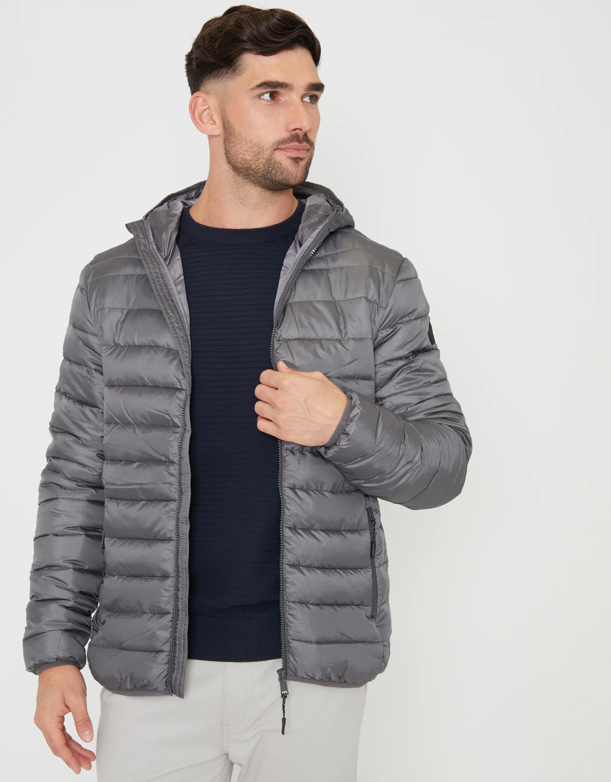 Matte Finish Padded Hooded Jacket in Slate Grey