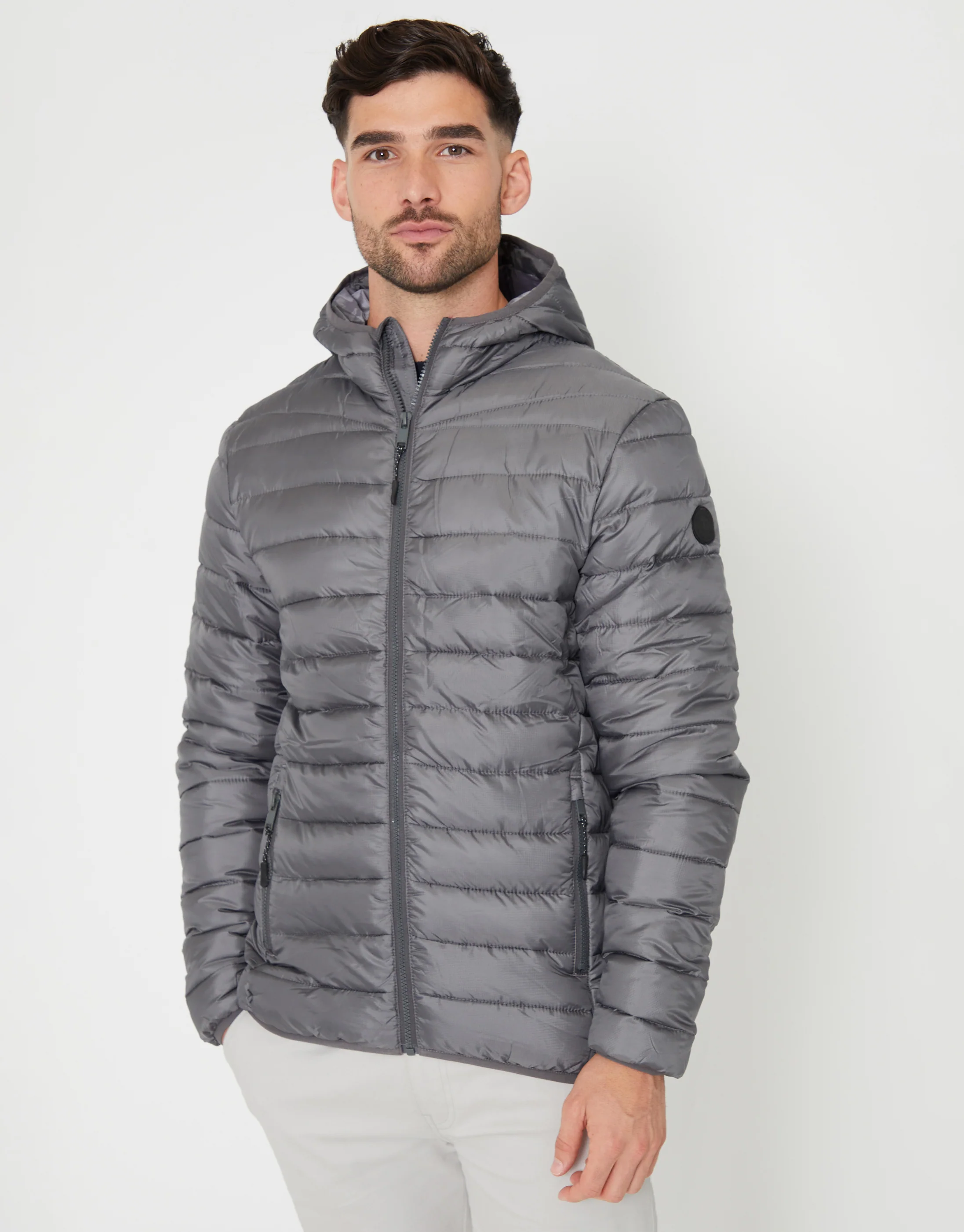 Matte Finish Padded Hooded Jacket in Slate Grey - Image 3