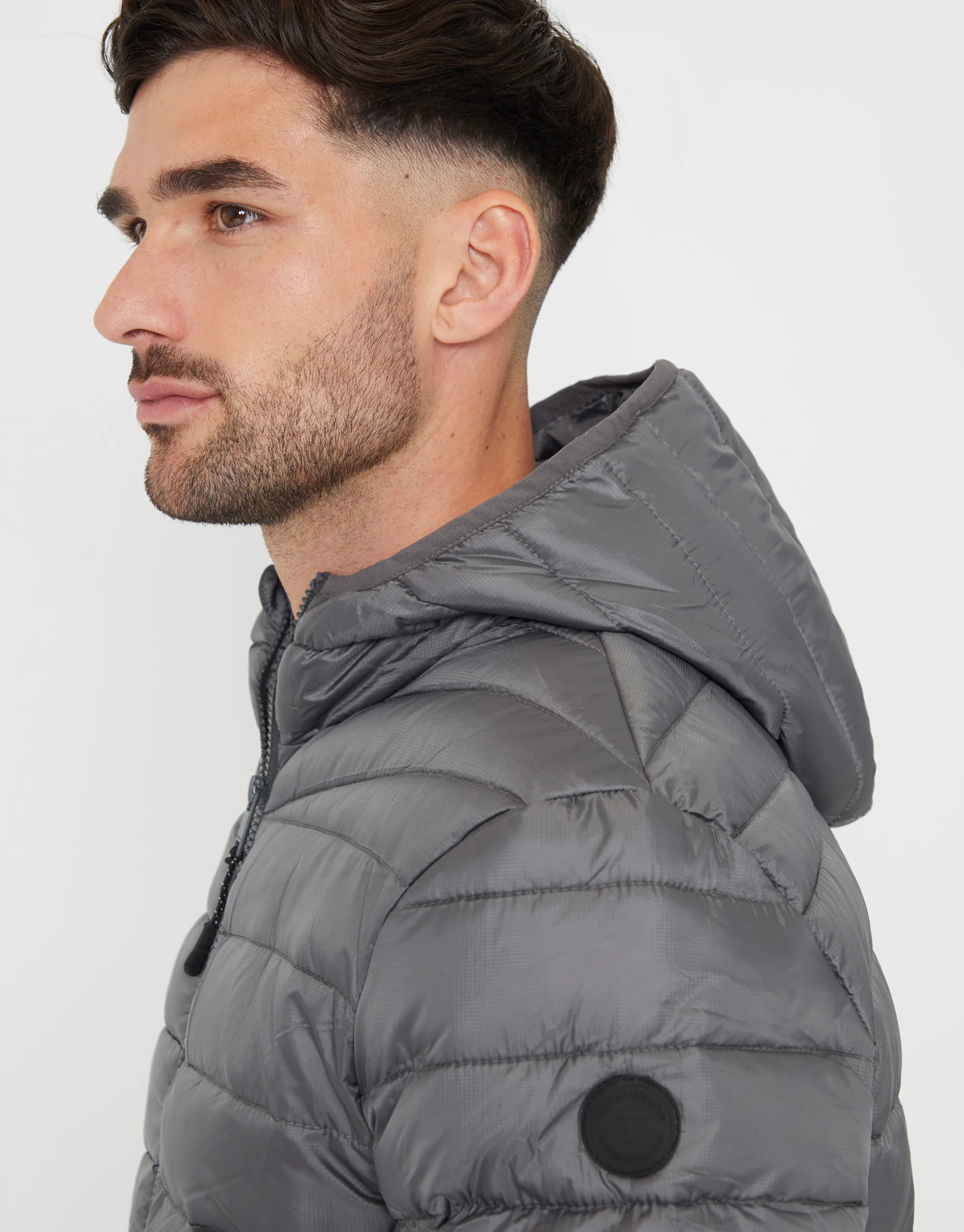 Matte Finish Padded Hooded Jacket in Slate Grey - Image 4