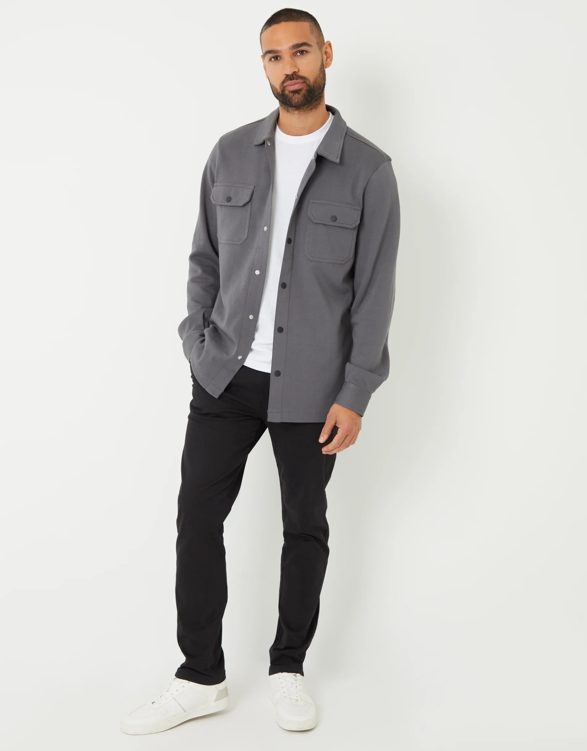 Pique Popper Fastening Shacket in Slate Grey - Image 3