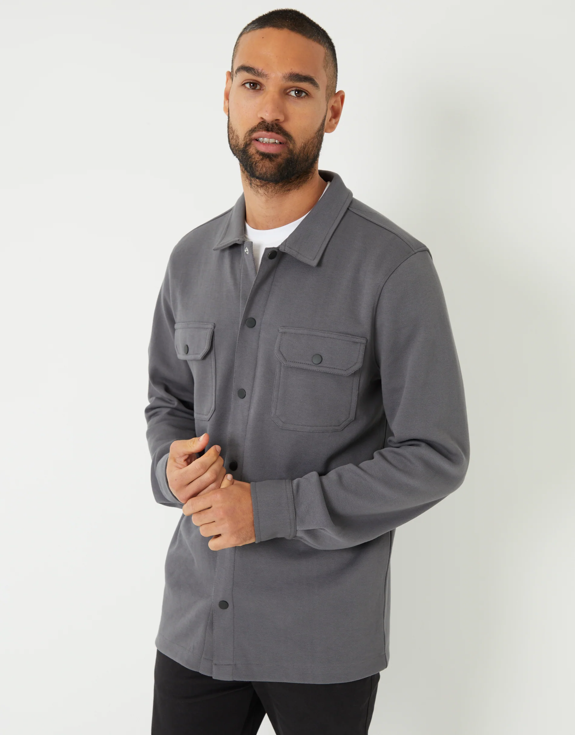 Pique Popper Fastening Shacket in Slate Grey - Image 5