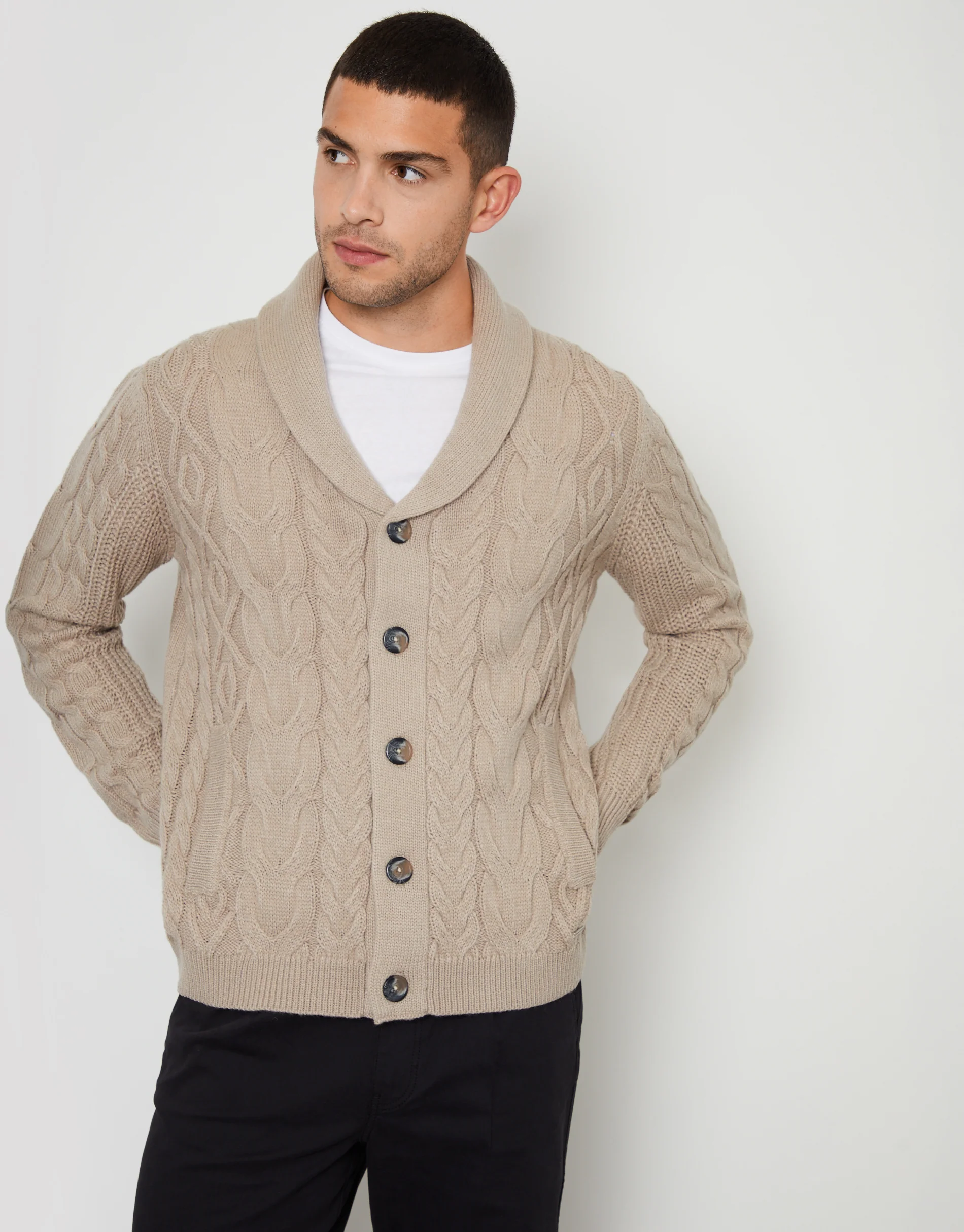 Cable Knit Shawl Cardigan in Stone