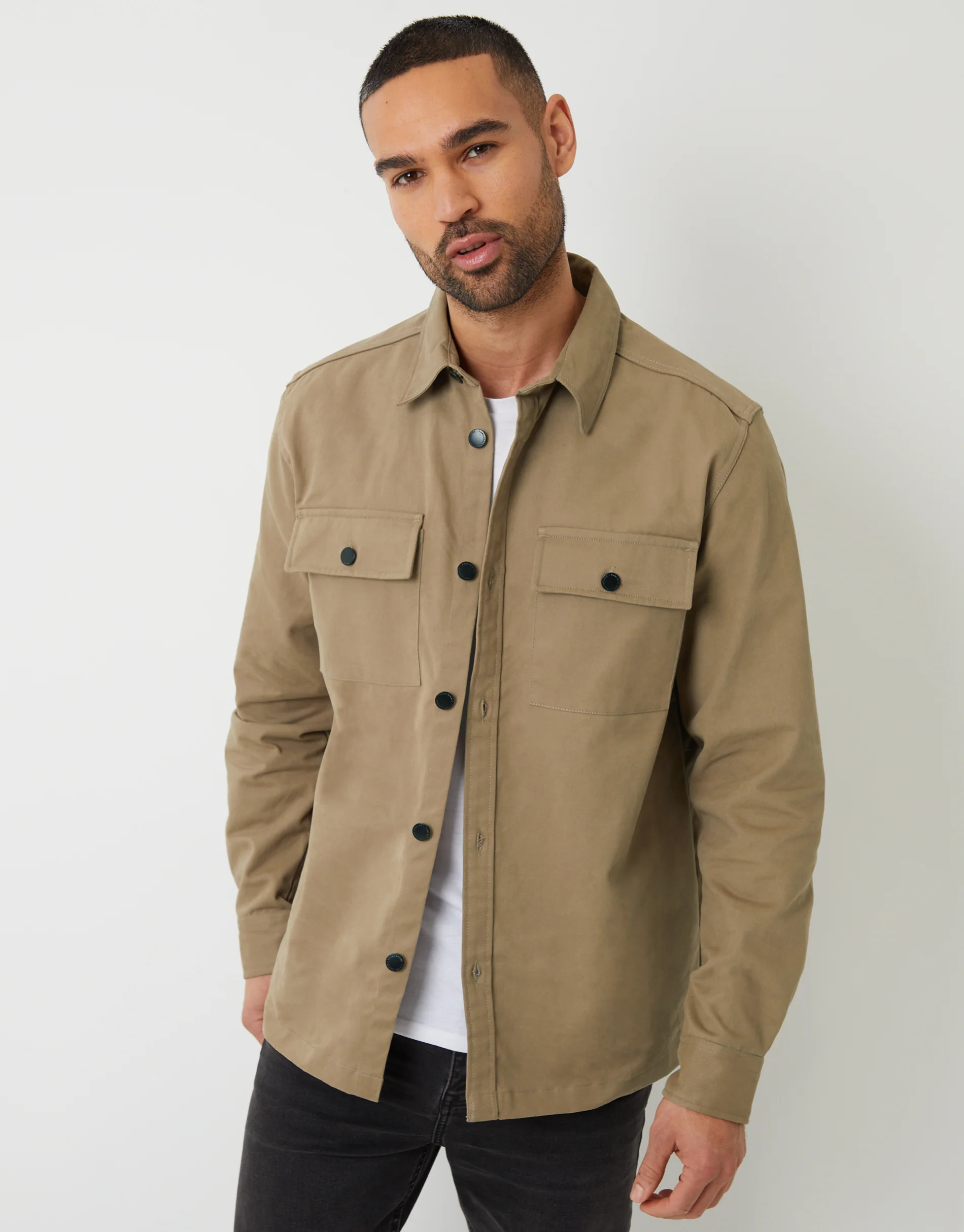 Relaxed Fit Cotton Twill Button Up Shacket in Stone