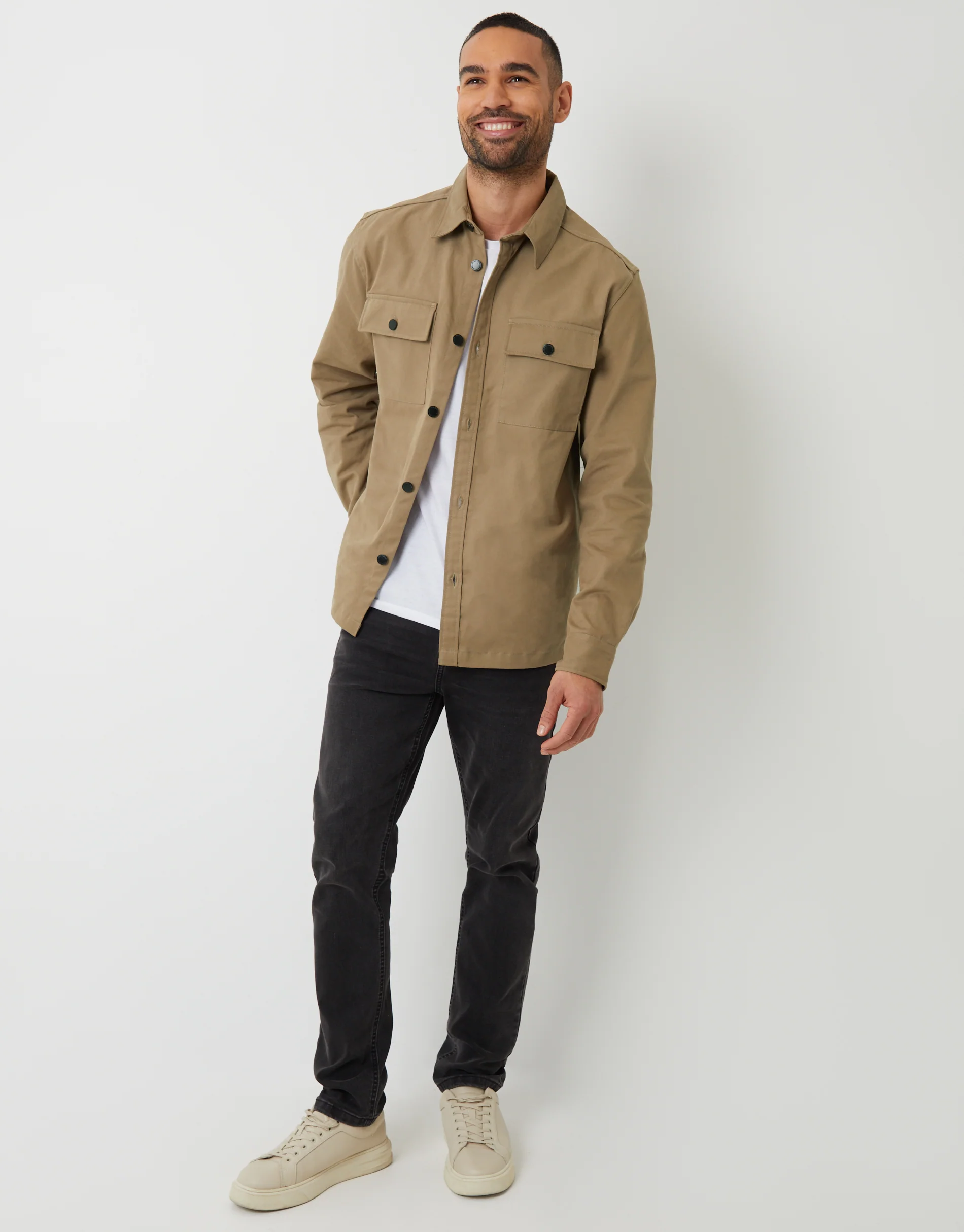 Relaxed Fit Cotton Twill Button Up Shacket in Stone - Image 3