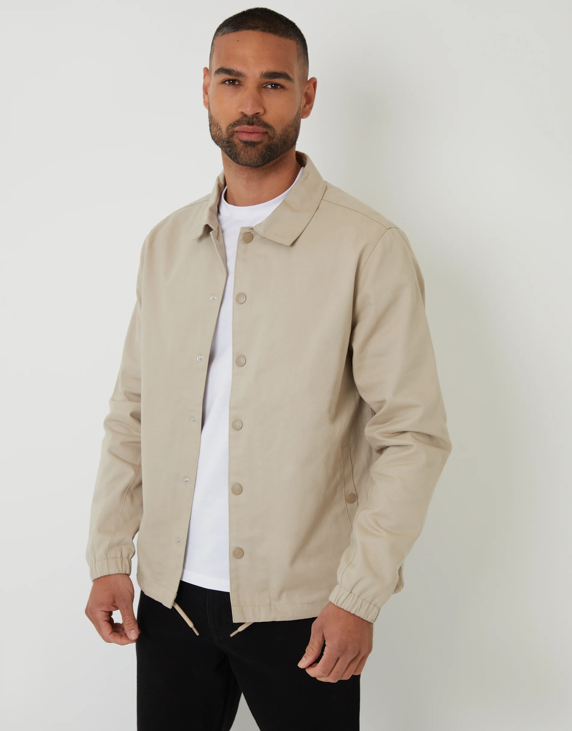 Cotton Twill Lightweight Collared Jacket in Stone